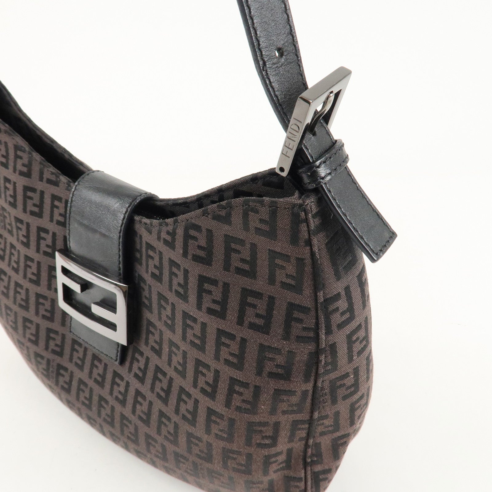 FENDI Zucchino Canvas Leather Shoulder Bag Brown Black 8BR036