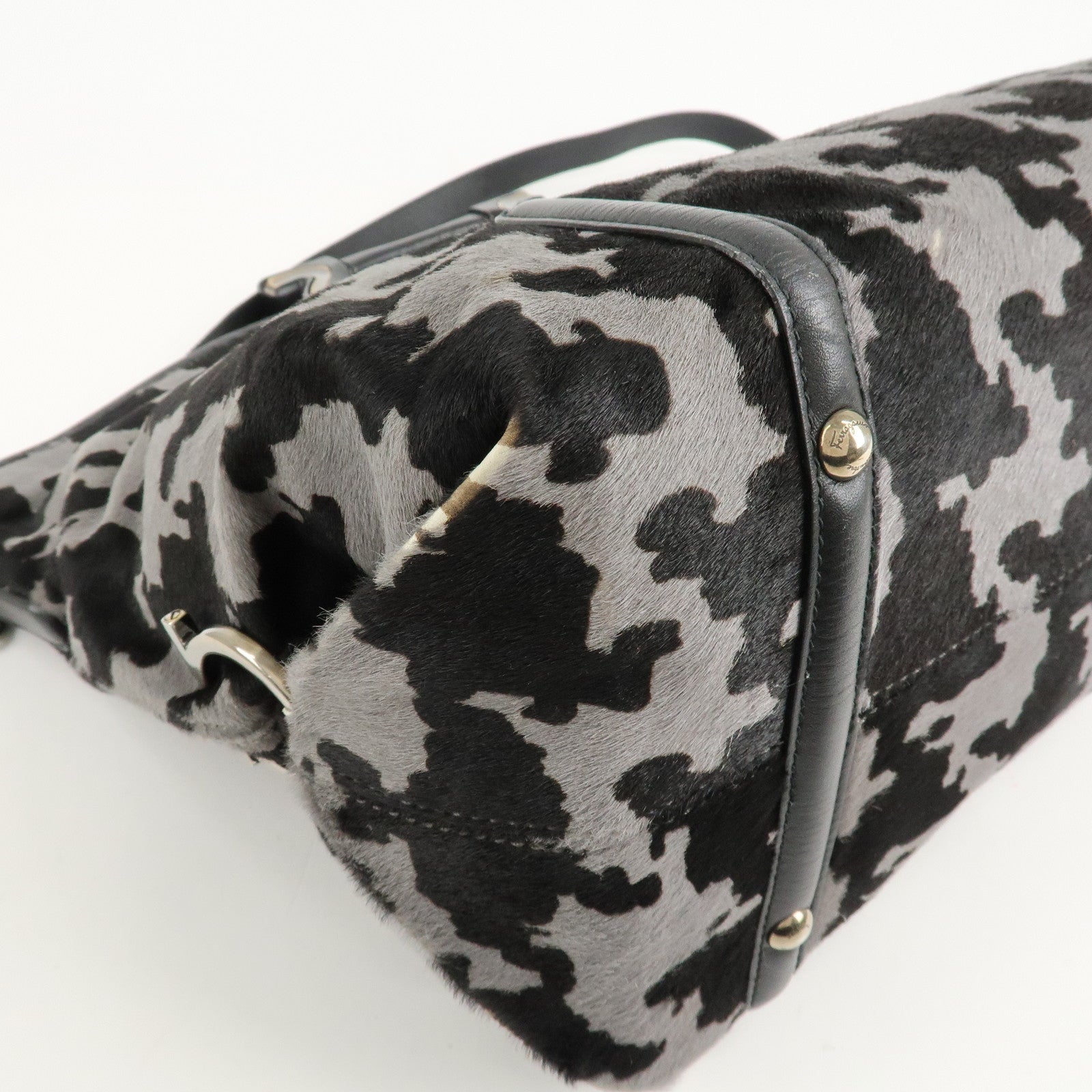 Ferragamo Gancini Unborn Calf Leather 2Way Bag Gray Black Used