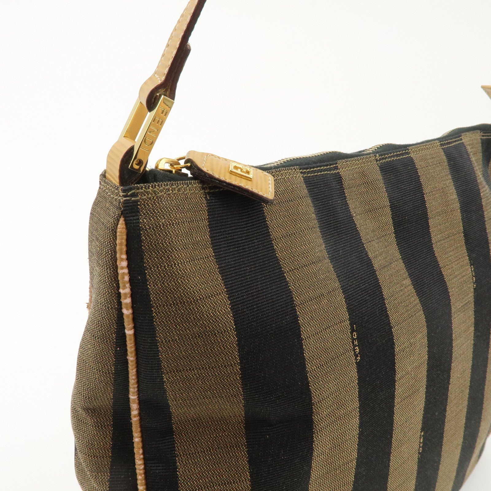 FENDI Pequin Canvas Leather Shoulder Bag Brown Black Used