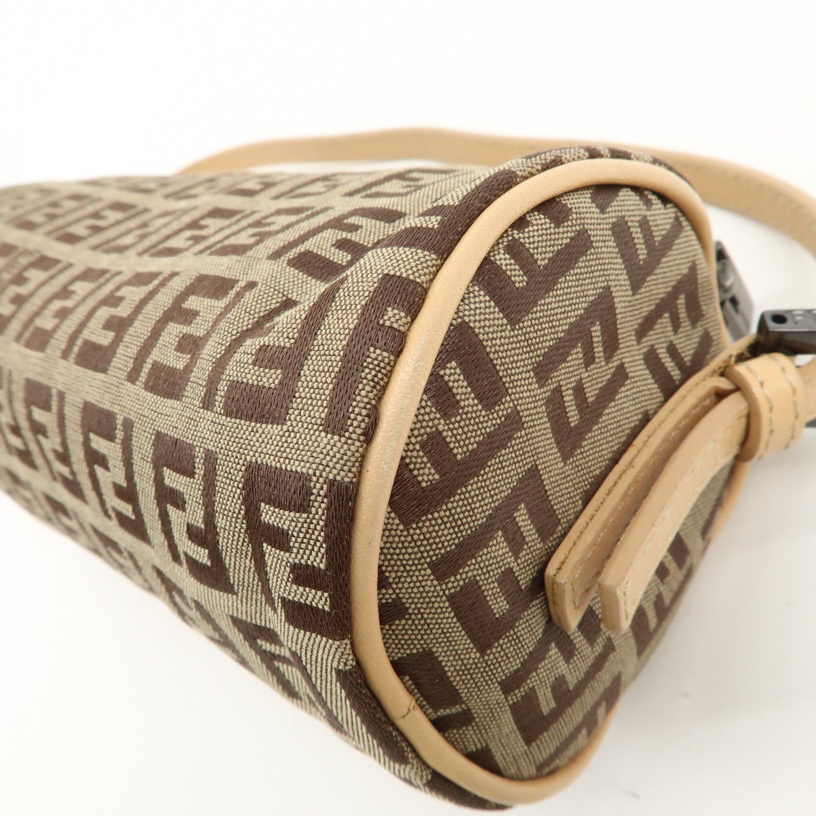 FENDI Zucchino Canvas Leather Pouch Hand Bag Beige Brown 7N0036