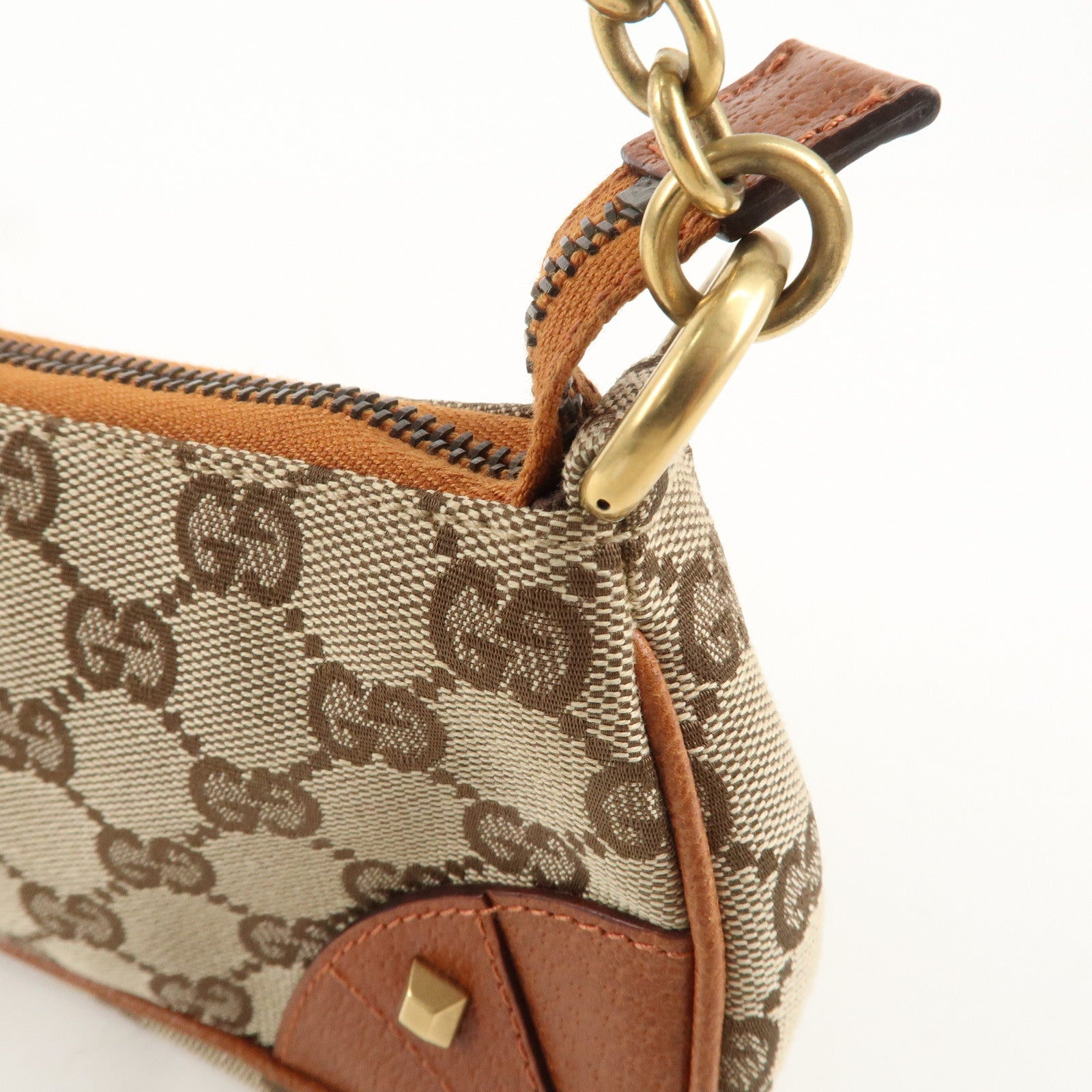 GUCCI GG Canvas Leather Chain Hand Bag Pouch Beige Brown 120940