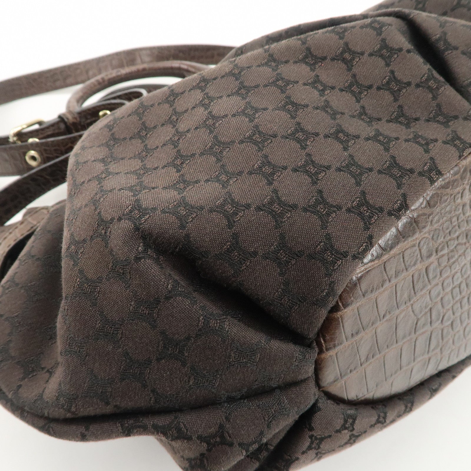 CELINE Macadam Canvas Leather 2Way Bag Gold Charm Dark Brown Used