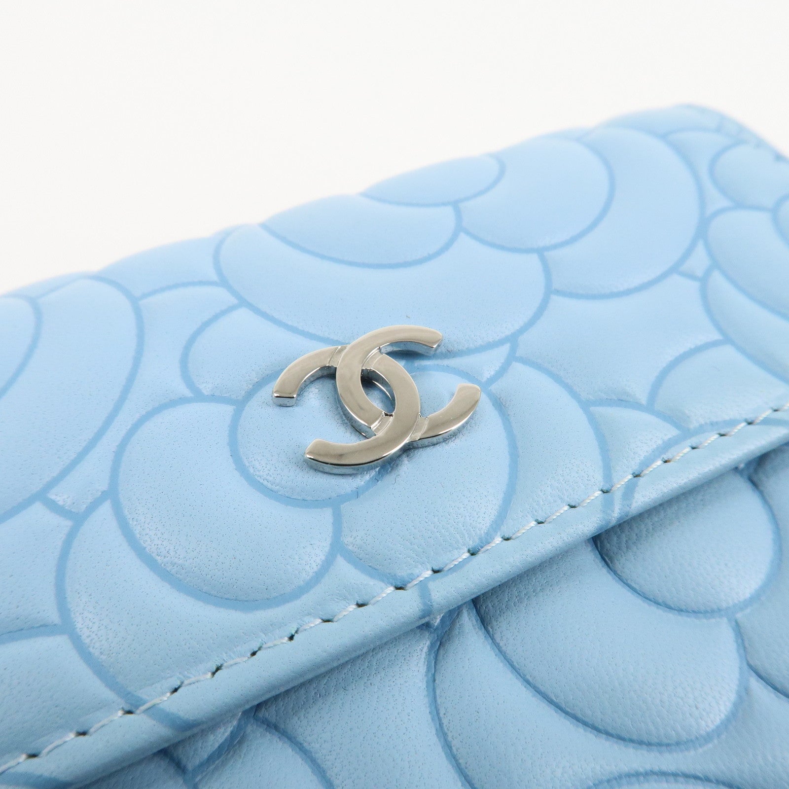 CHANEL Camelia Lamb Skin Bi-fold Wallet Blue