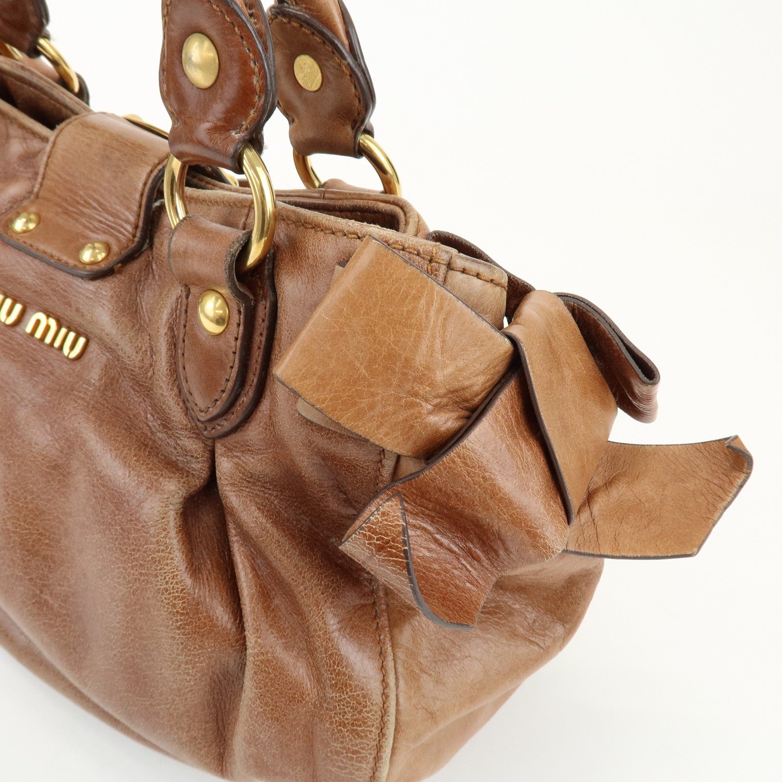 MIU MIU Leather Side Ribbon 2Way Shoulder Bag Hand Bag Brown RN0686