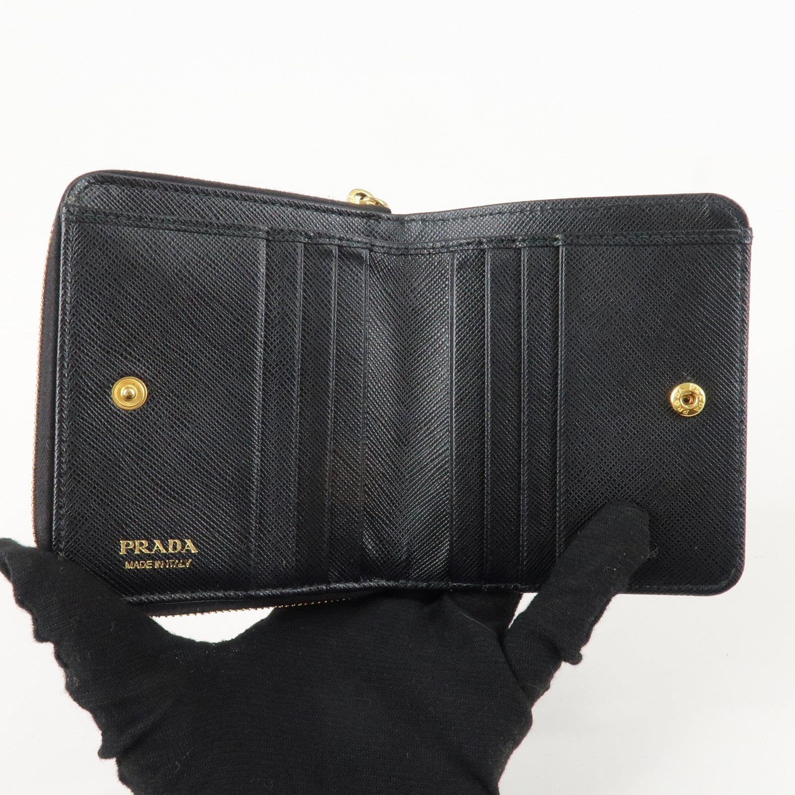 PRADA Logo Leather Zip Around Bi-fold Wallet Black 1ML522 Used