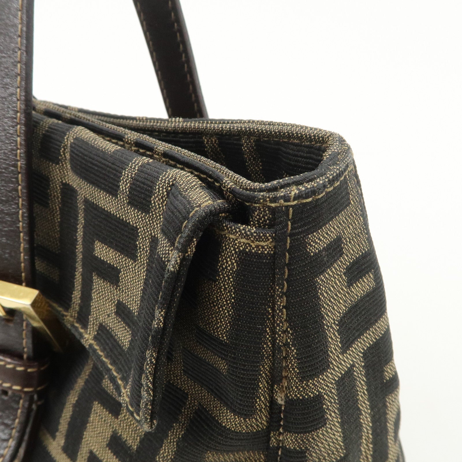 FENDI Zucca Canvas Leather Hand Bag Brown Black Gold Hardware Used