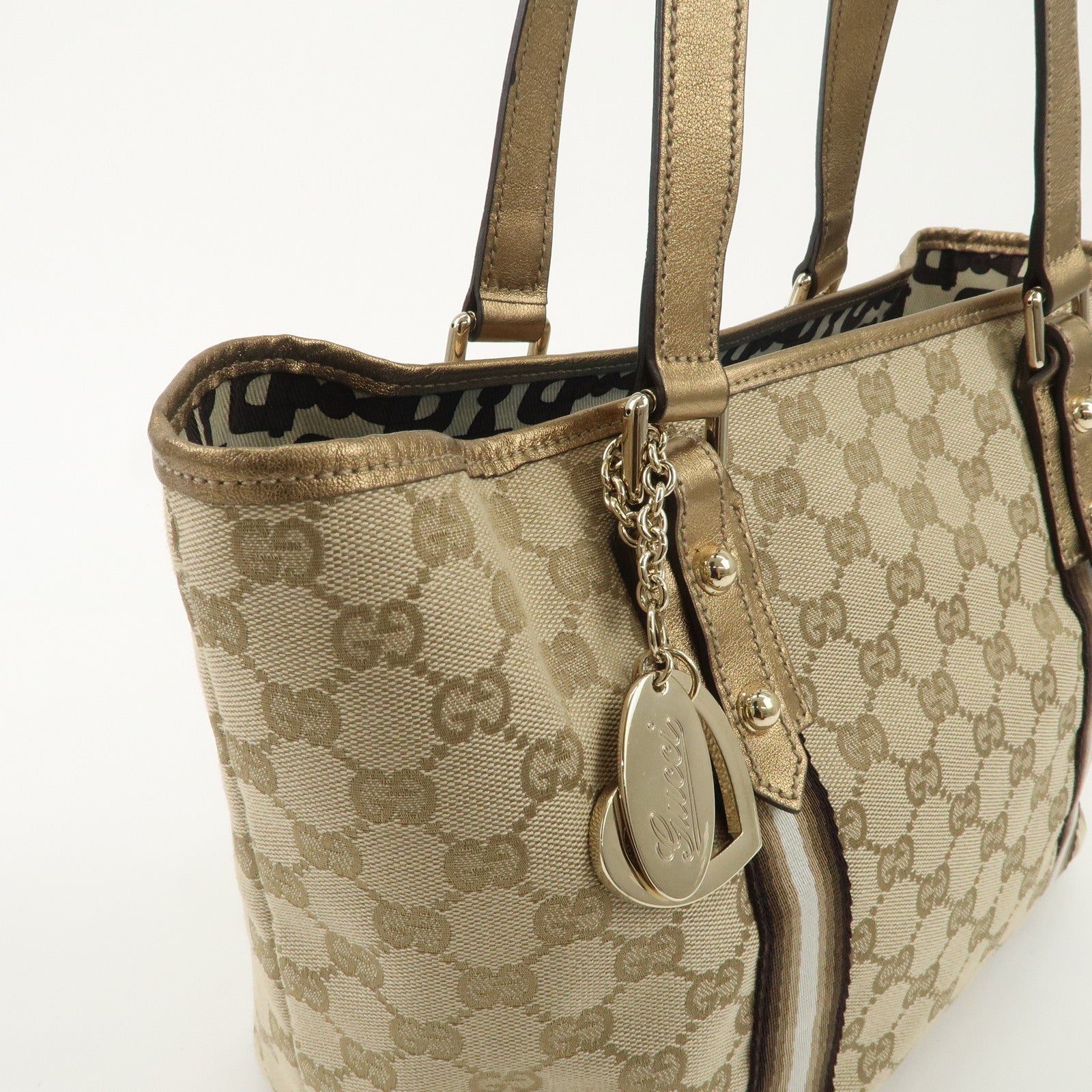 GUCCI Sherry GG Canvas Leather Tote Bag Beige Gold 137396 Used
