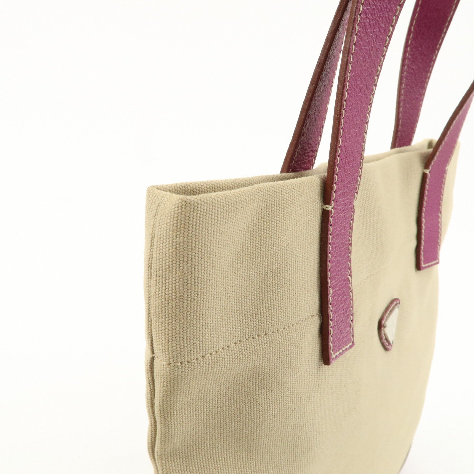 PRADA Logo Canvas Leather Hand Bag Tote Beige Purple BN0686