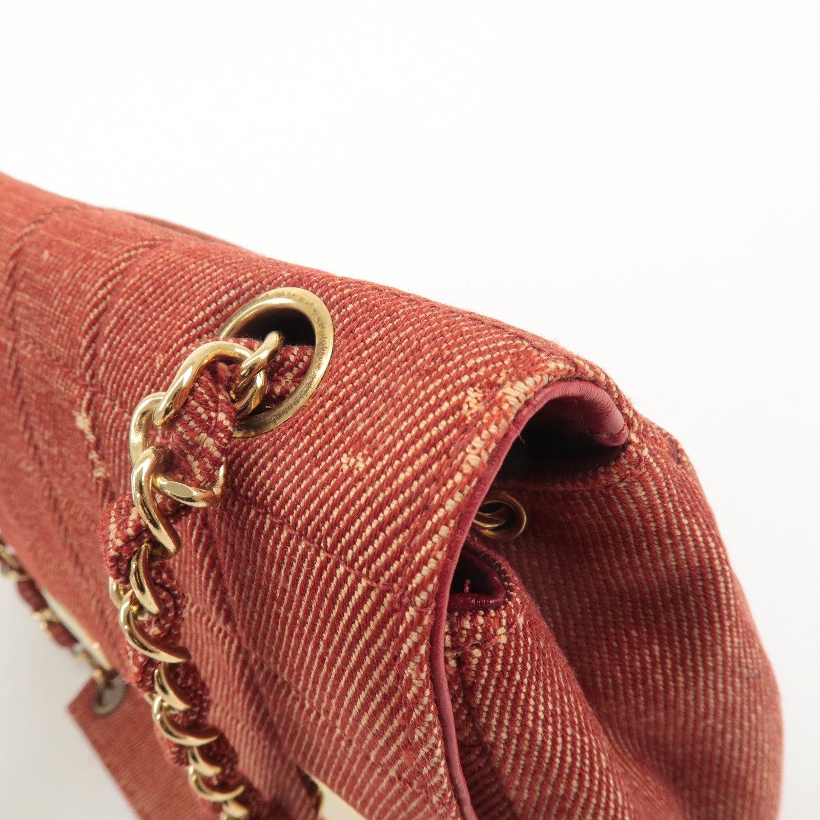 CHANEL Chocolate Bar Canvas Chain Shoulder Bag Red Gold