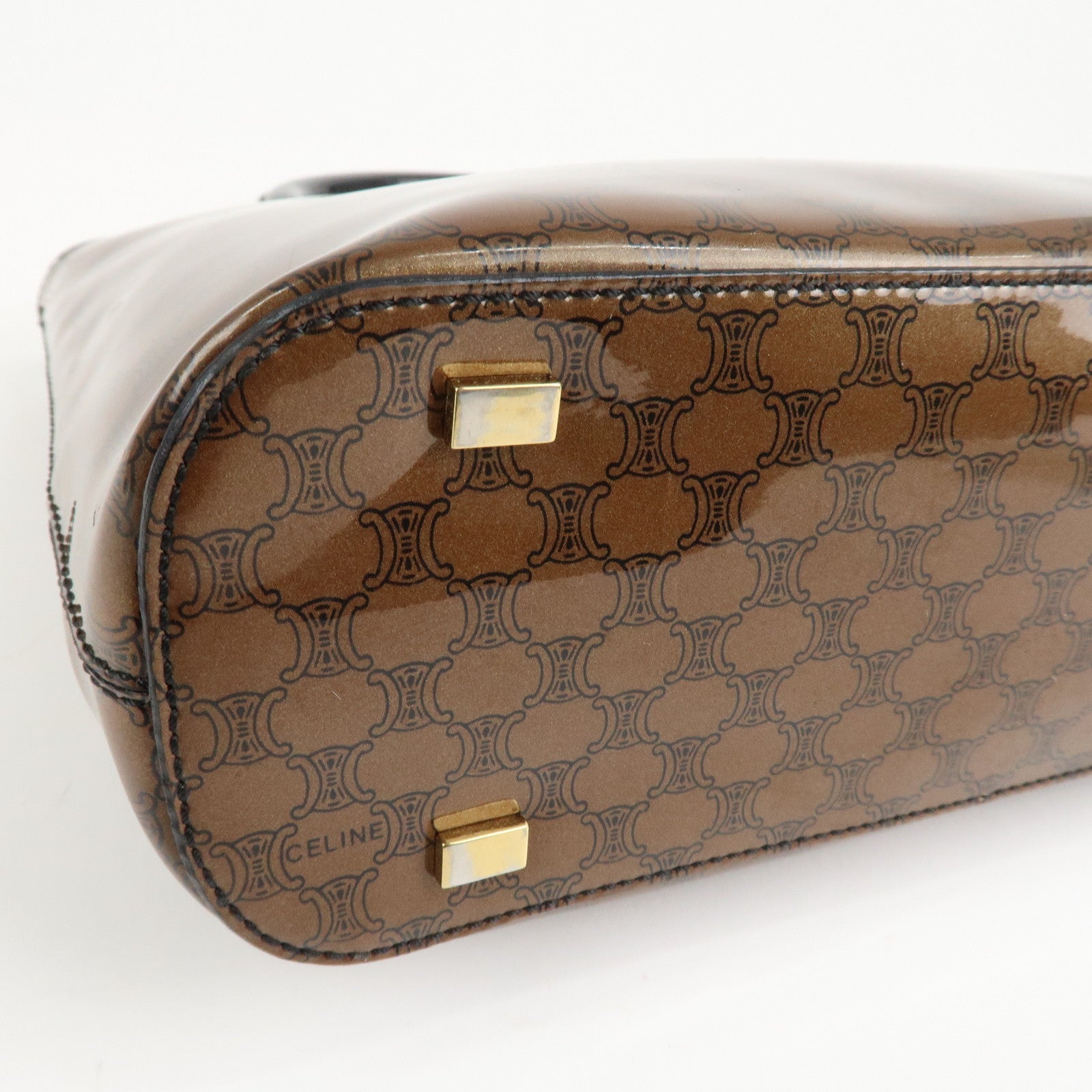 CELINE Macadam Patent Leather Mini Tote Bag Hand Bag Brown Black Used