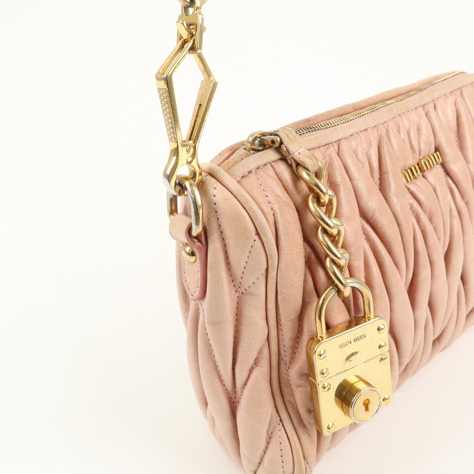 MIU MIU Logo Matelasse Leather Shoulder Bag Pink Beige Gold HDW