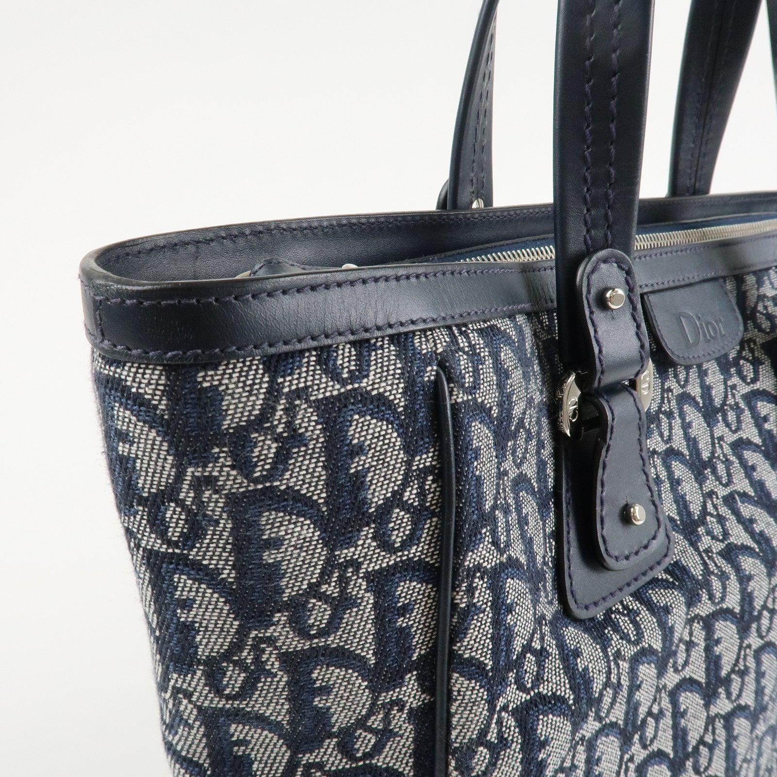 Christian Dior Trotter Canvas Leather Tote Bag Hand Bag Navy White Used