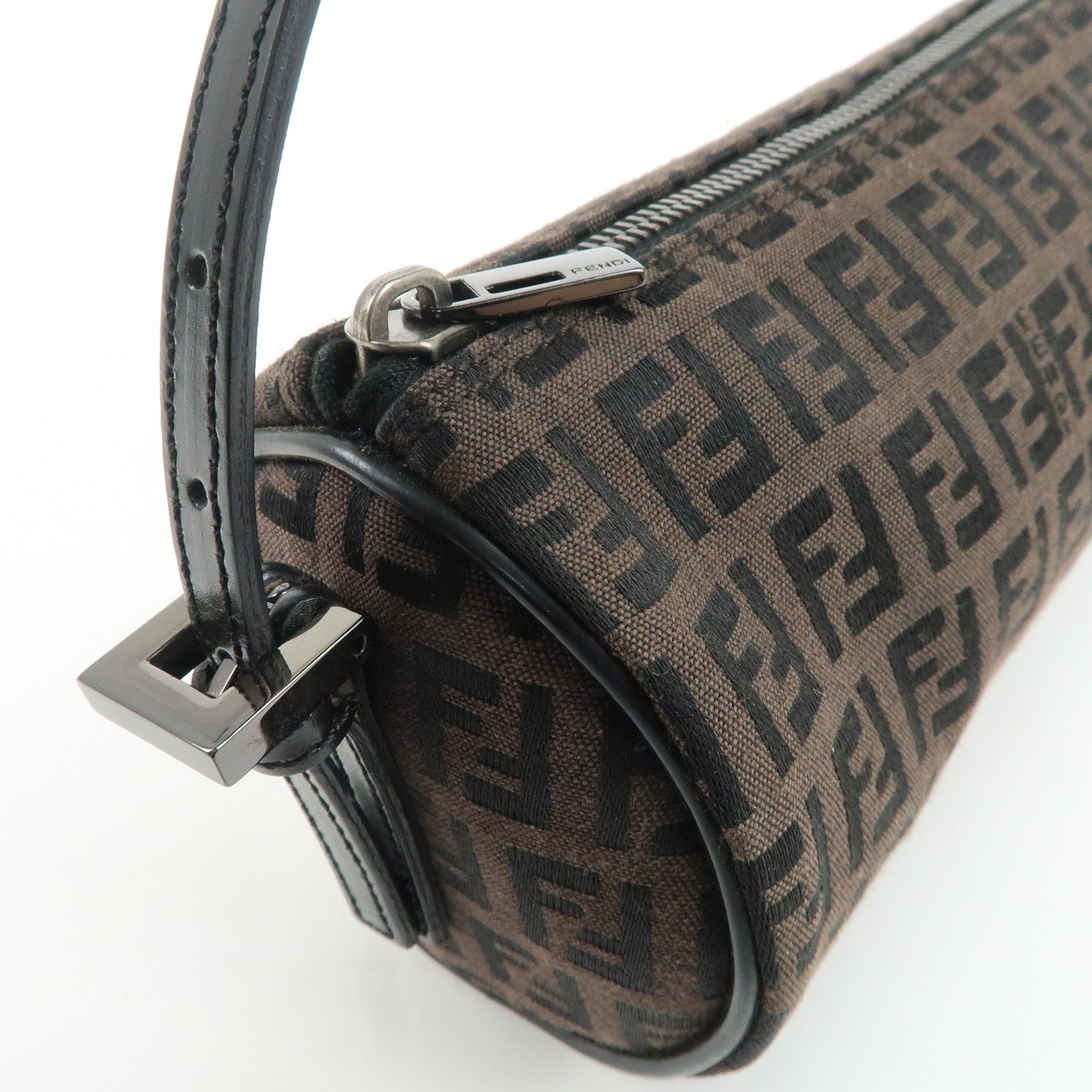 FENDI Zucchino Canvas Leather Pouch Hand Bag Black Brown 7N0016