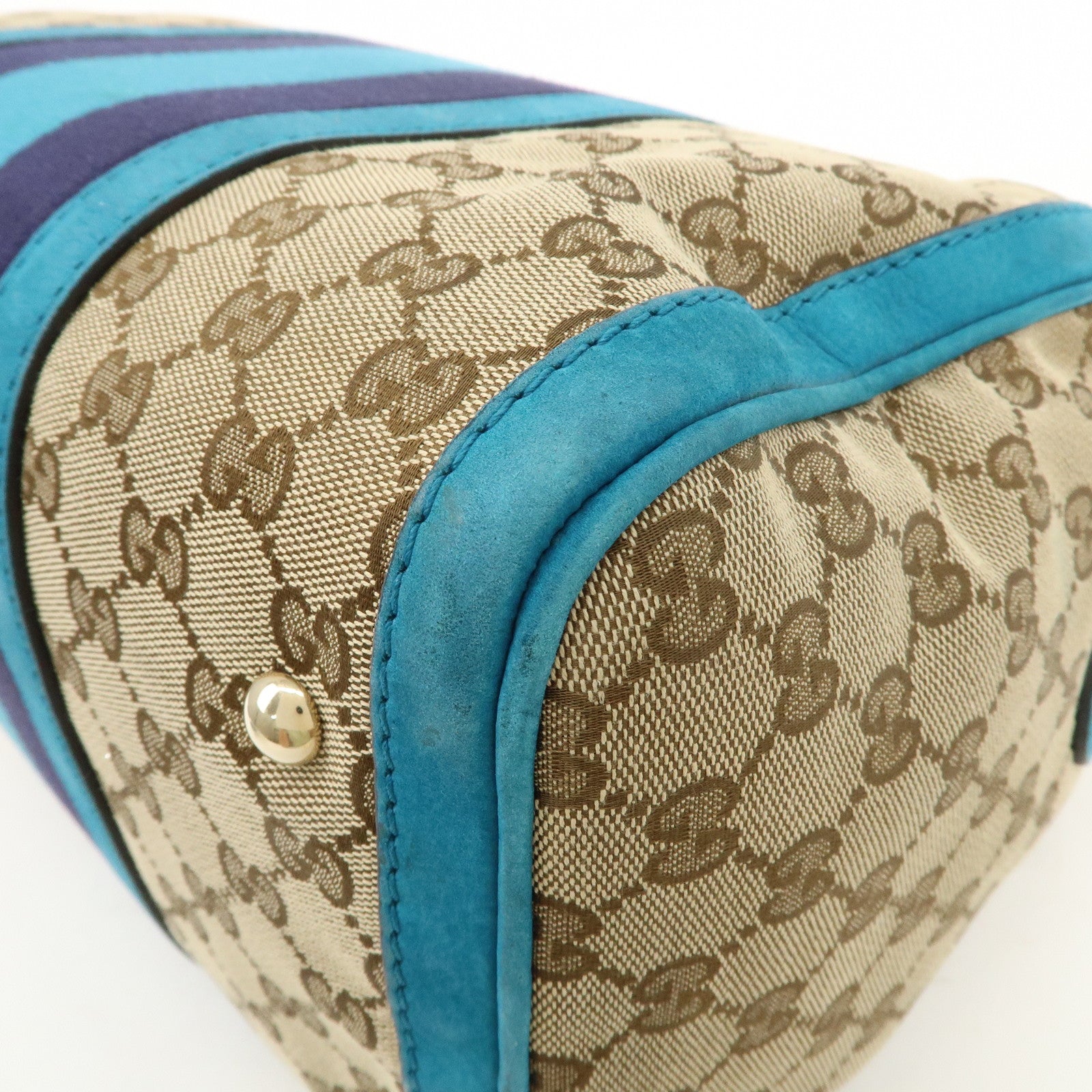 GUCCI Sherry GG Canvas Leather Boston Bag Beige Blue 247205