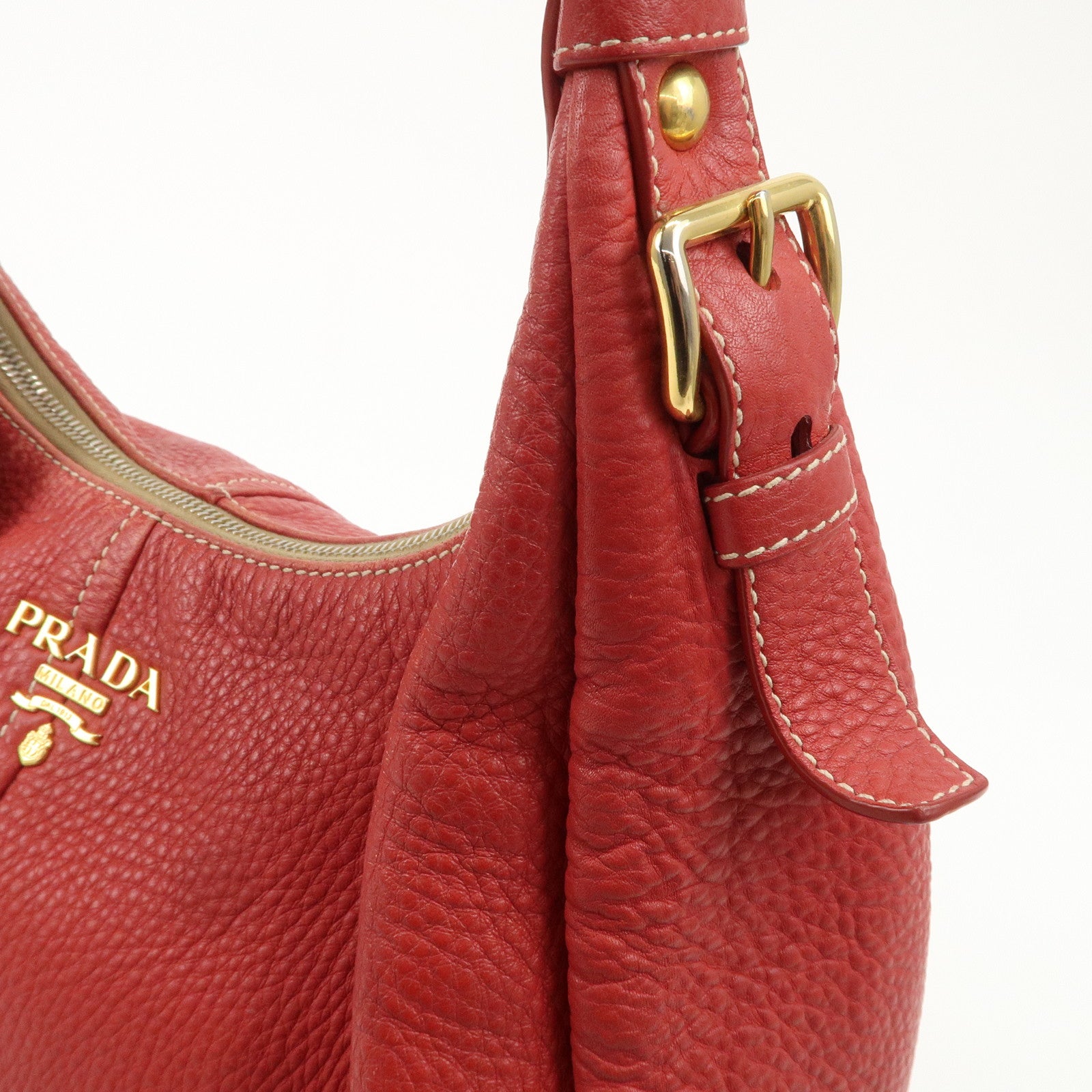 PRADA Logo Leather Shoulder Bag Hand Bag Red BR4373