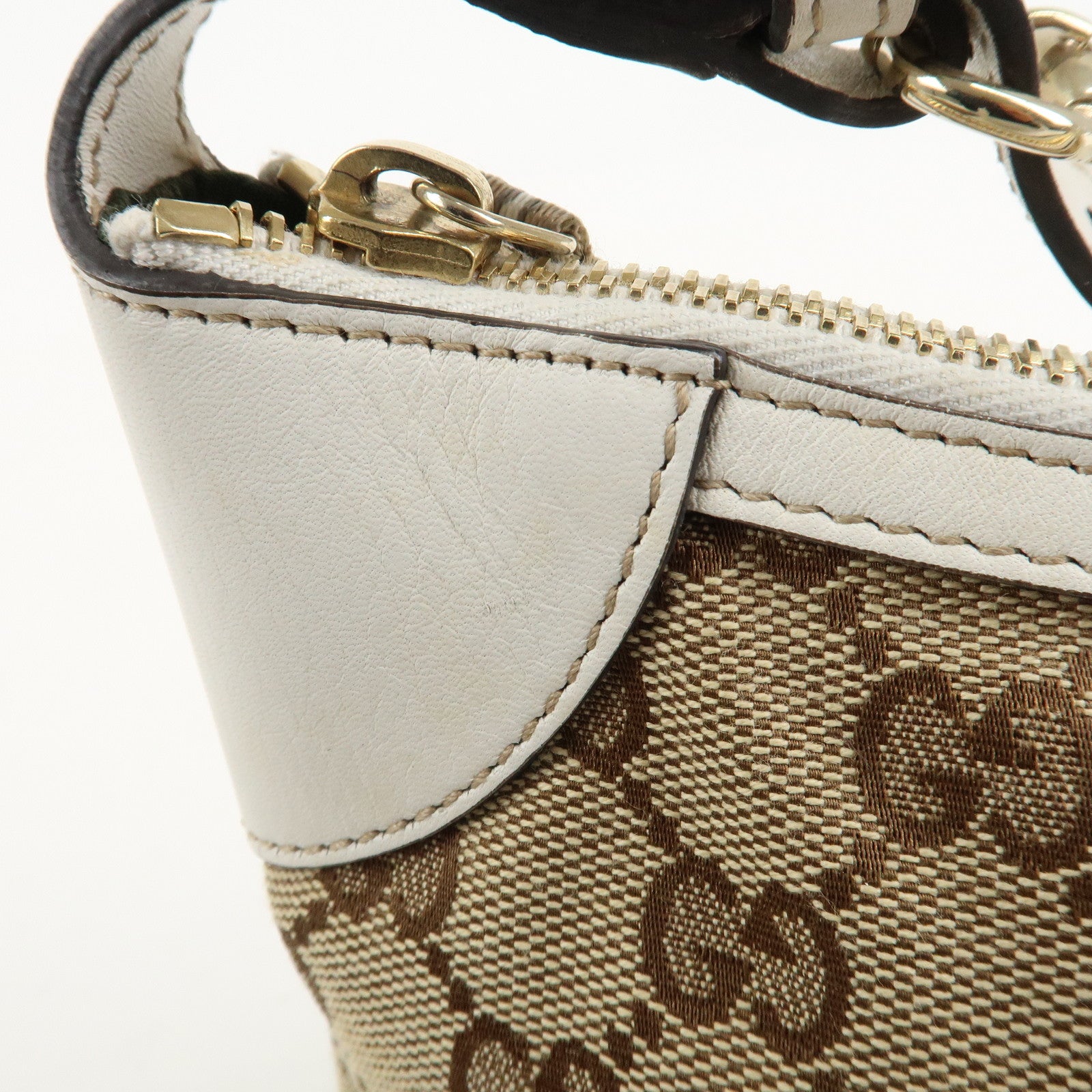 GUCCI GG Canvas Leather Shoulder Bag Hand Bag Beige White 224093 Used