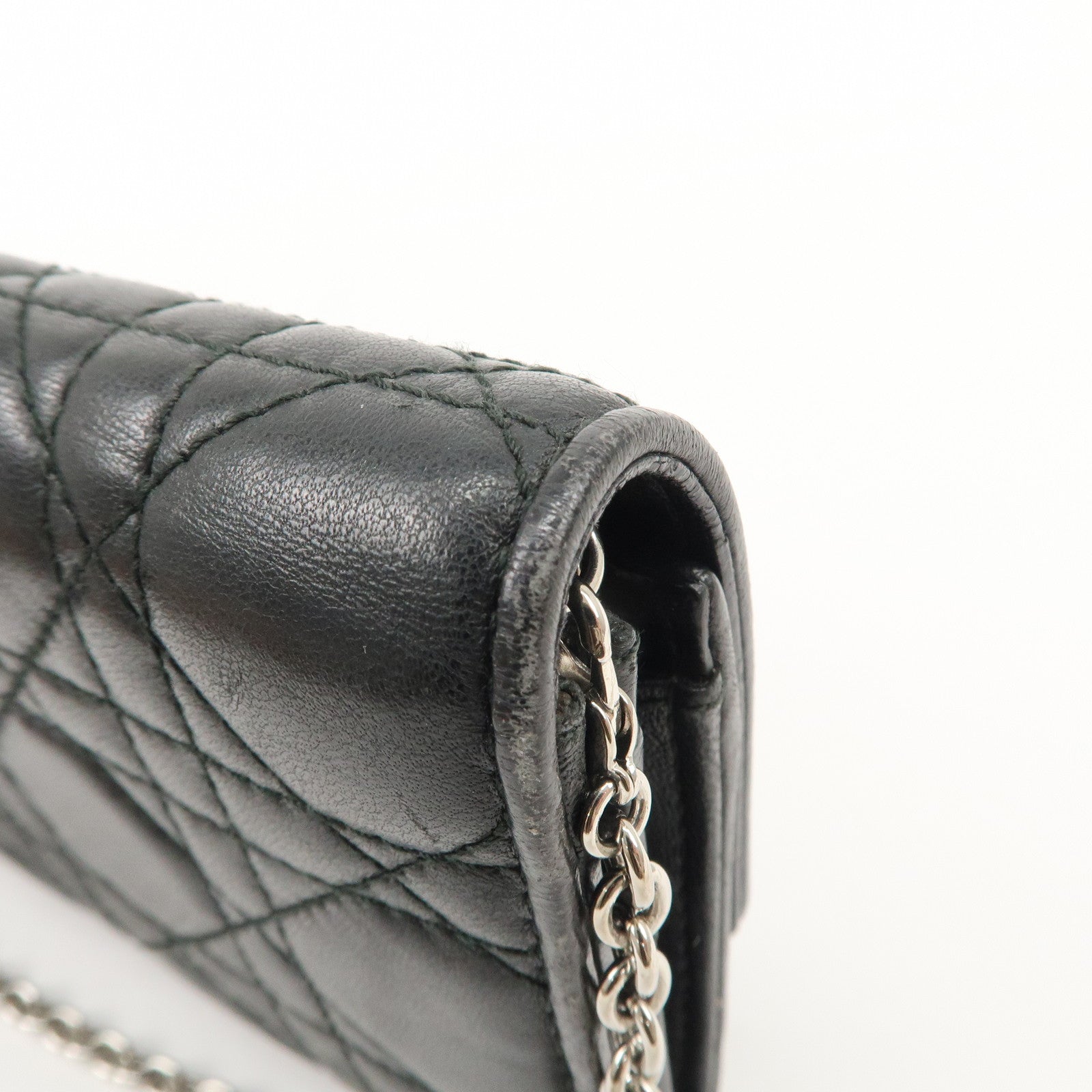 Christian Dior Cannage Leather Chain Long Wallet WOC Black