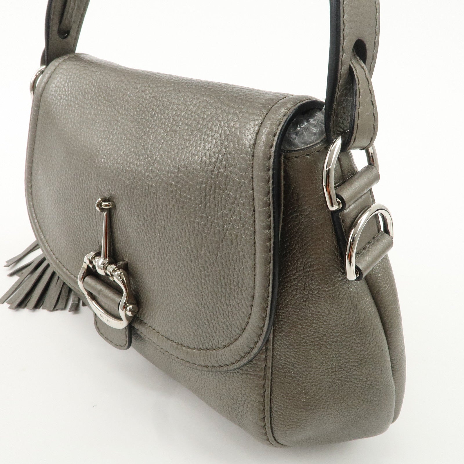 GUCCI Bamboo Horsebit Leather Shoulder Bag Gray 240266