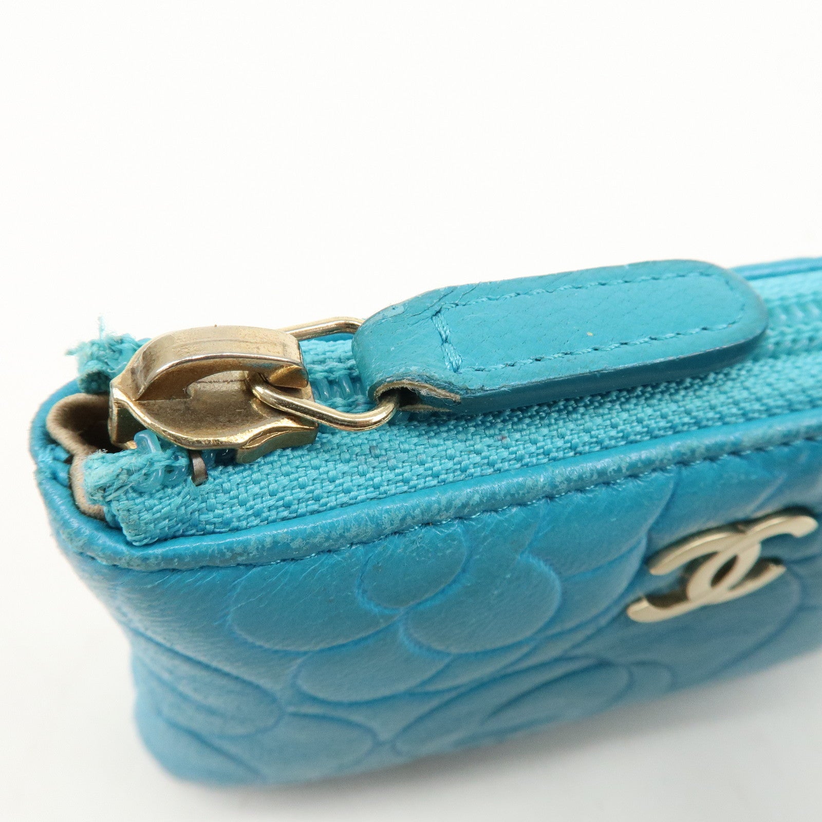 CHANEL Camellia Coco Mark Lamb Skin Coin Case Blue A50090