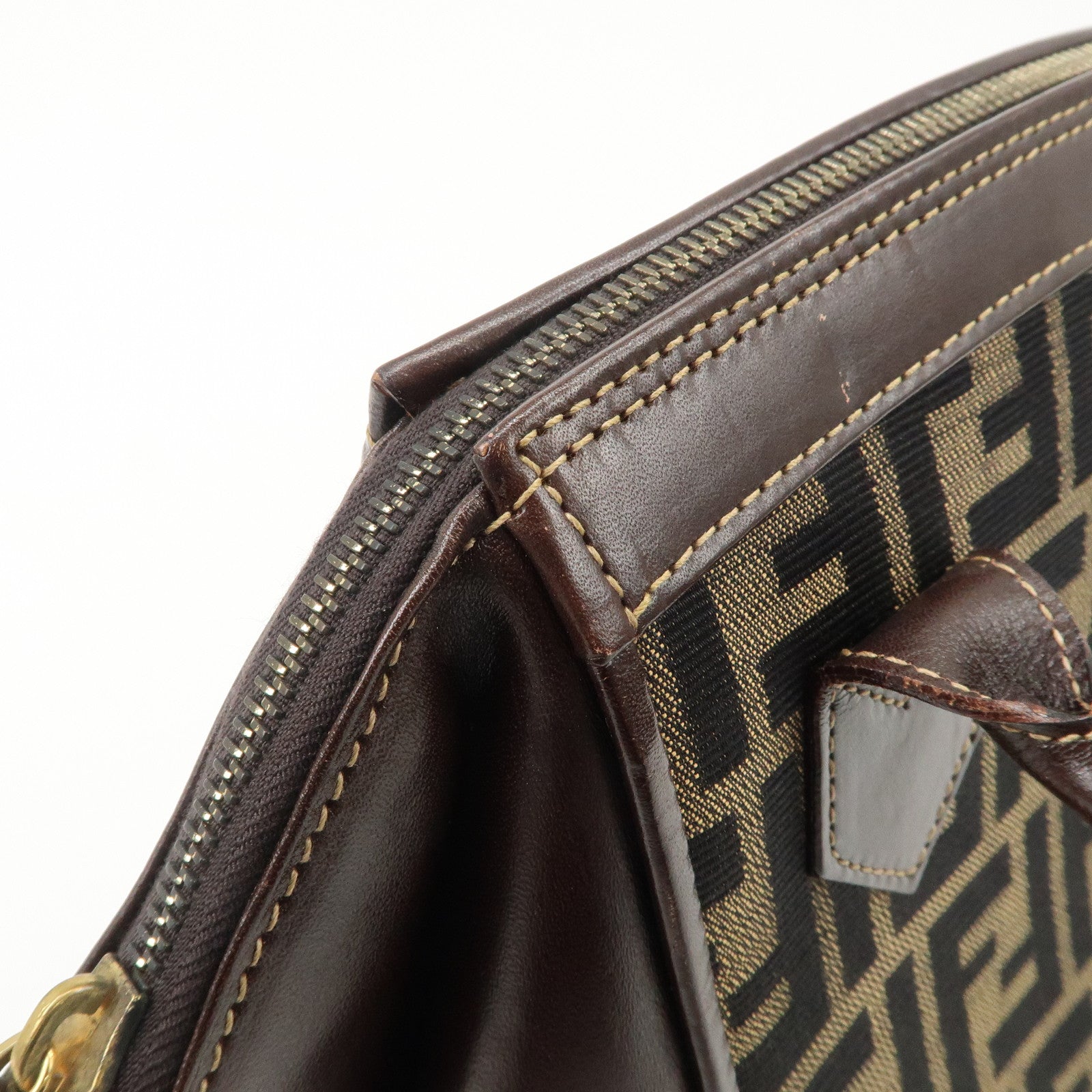 FENDI Zucca Canvas Leather 2 way Leather Hand Bag Shoulder Bag Used