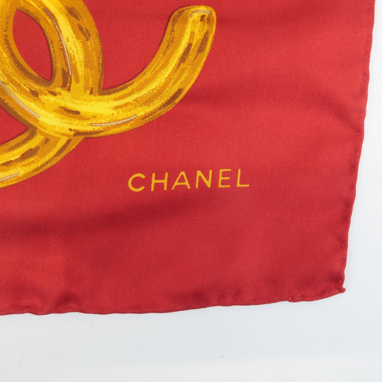 CHANEL Silk 100% Scarf Flower Chain Red Gold Blue Purple Used