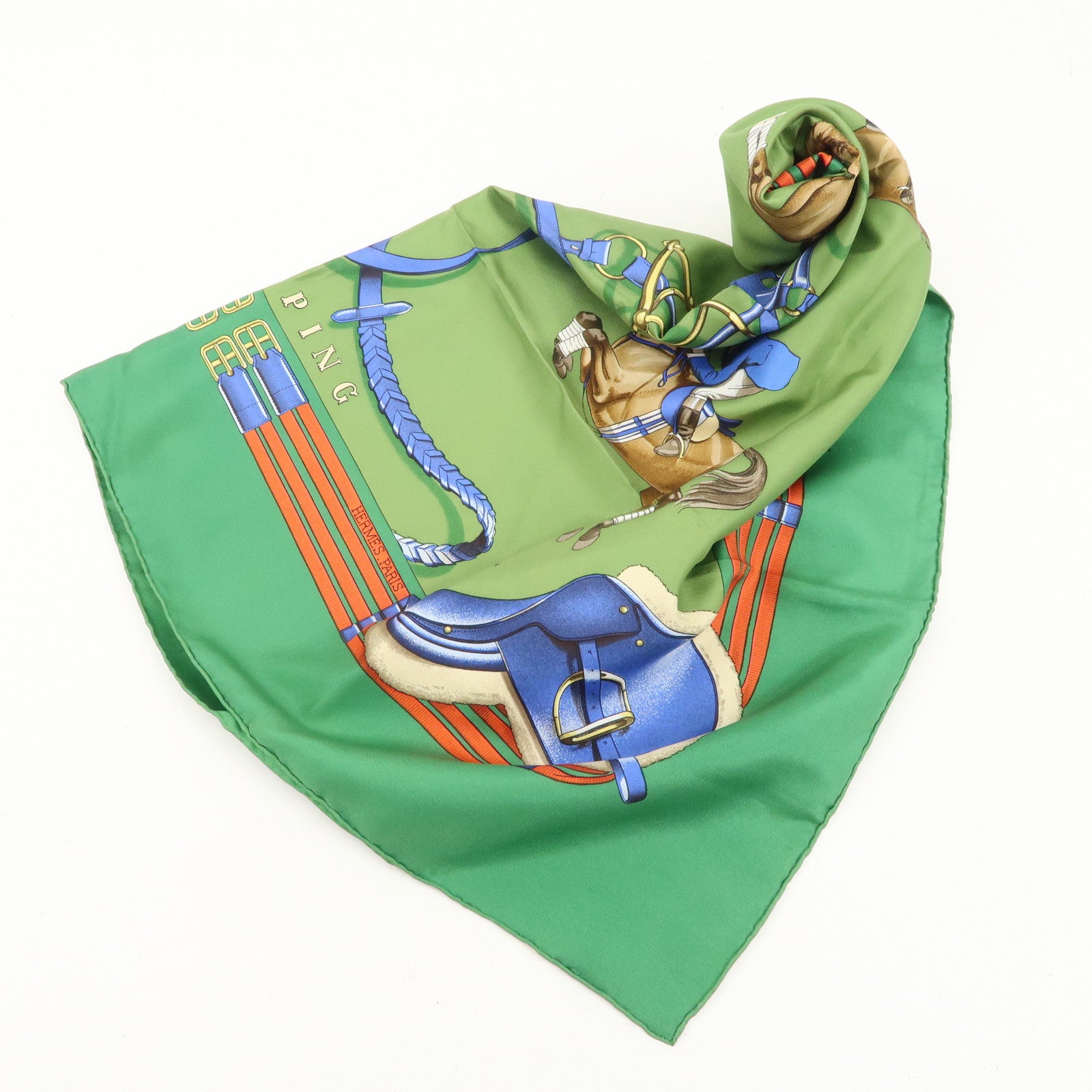 HERMES Carre 90 100% Silk Scarf JUMPING Riding Horse Green Used