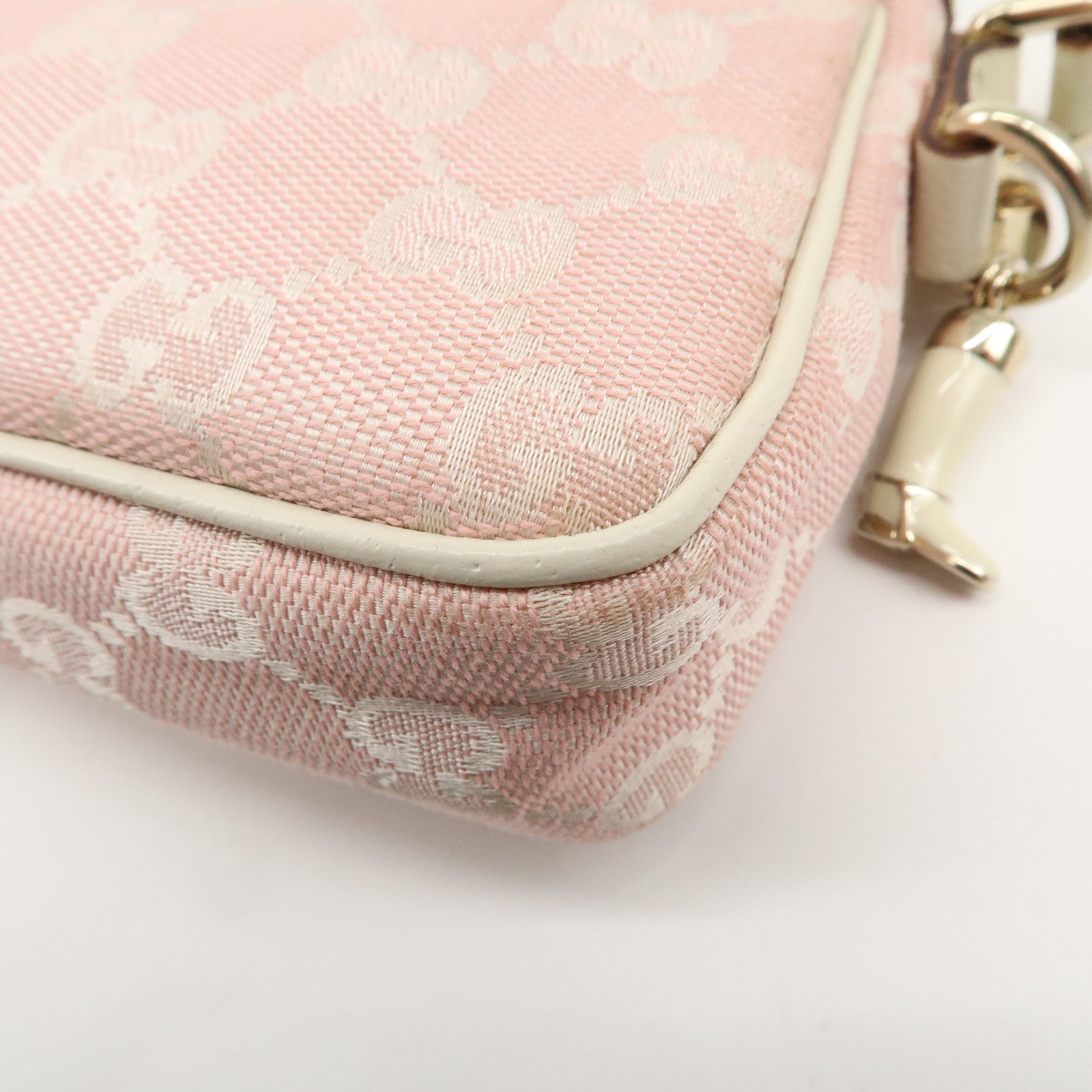 GUCCI GG Canvas Leather Hand Bag Pouch Pink Ivory 154432 Used