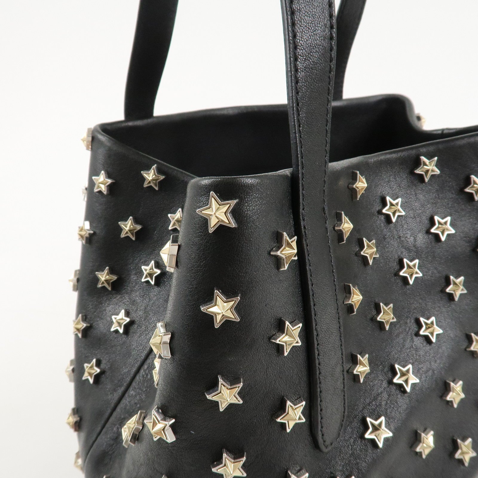 JIMMY CHOO Leather Tote Bag Hand Bag Star Studs Black Gold HDW