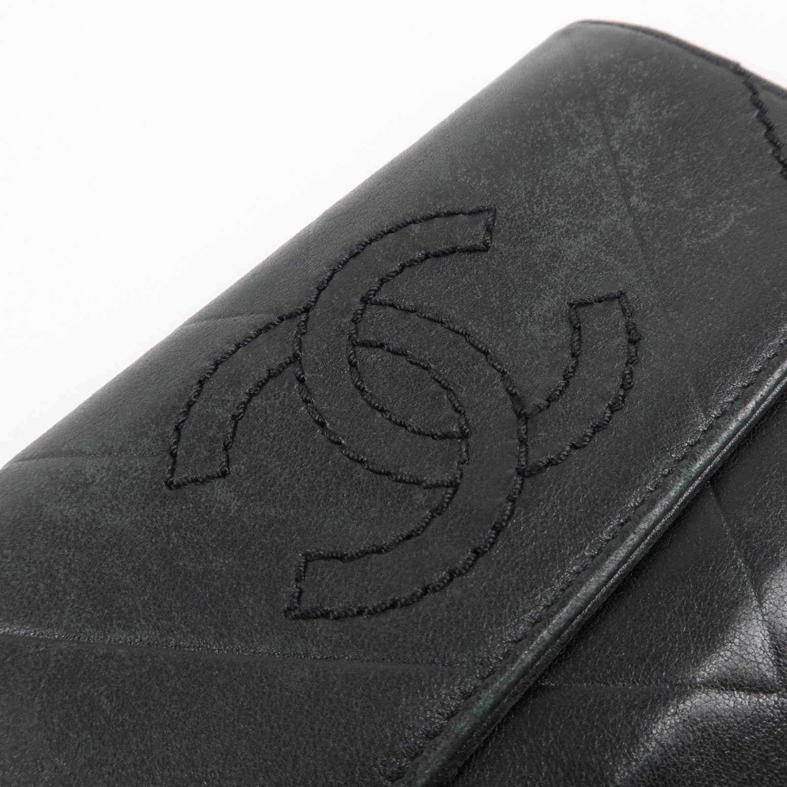 CHANEL V Stitch Lamb Skin Coco Mark Bi-fold Wallet Black Used