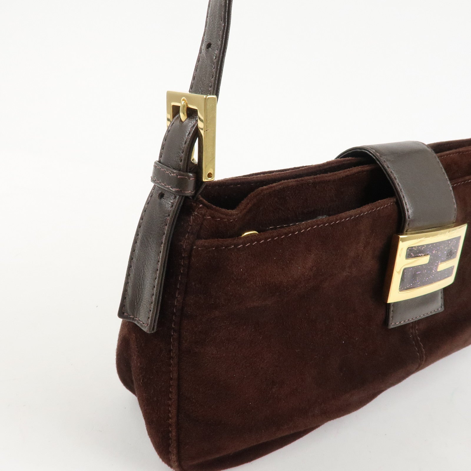 FENDI Suede Leather Shoulder Bag Dark Brown 26722 Used