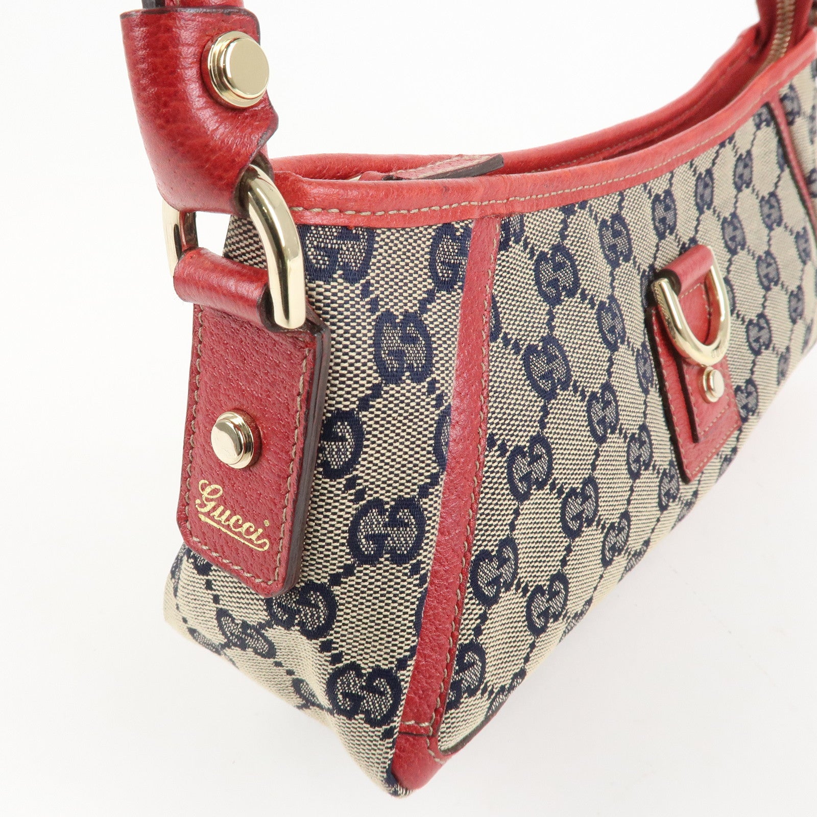 GUCCI Abbey GG Canvas Leather Shoulder Bag Beige Navy Red 130939 Used