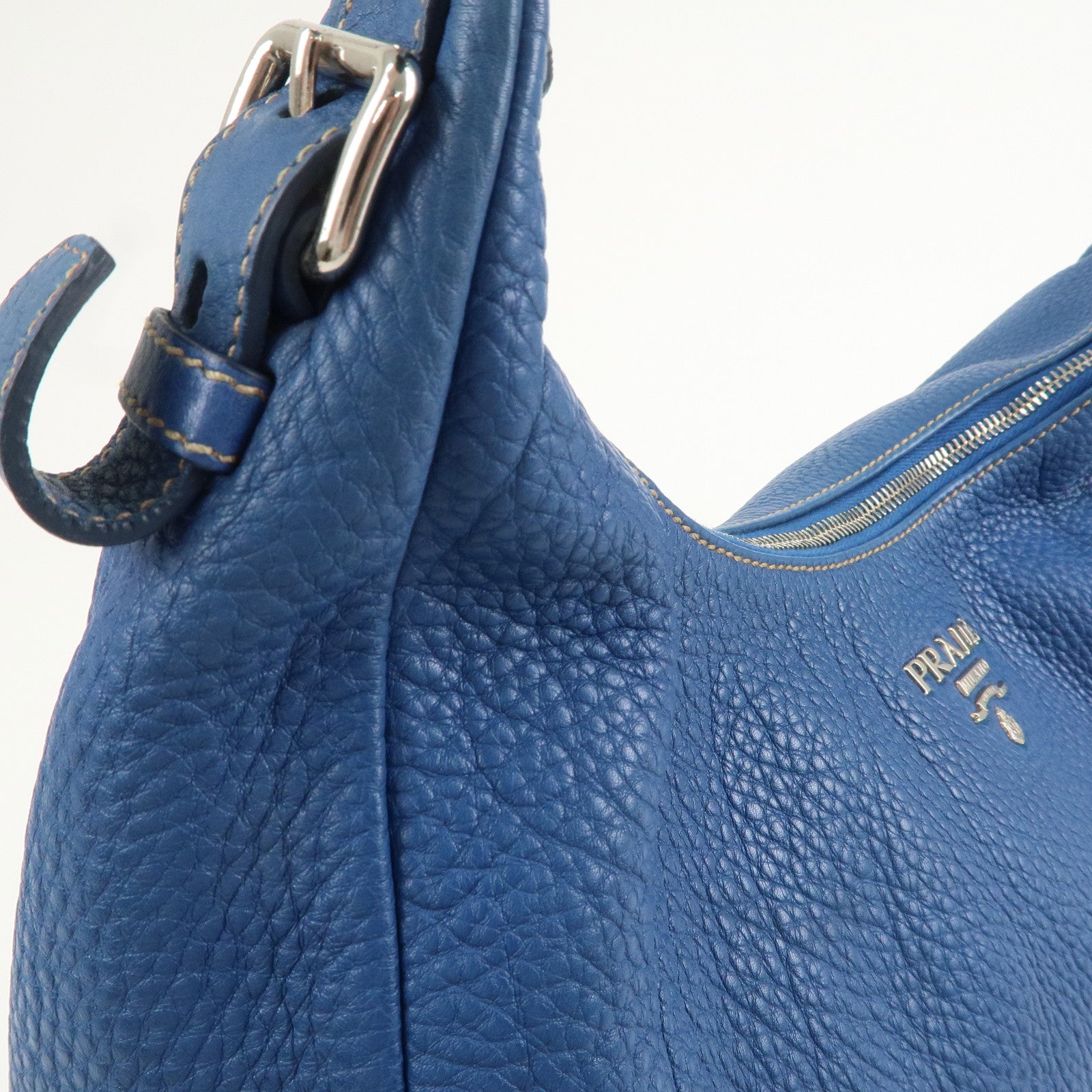 PRADA Logo Leather Shoulder Bag Blue Silver HDW