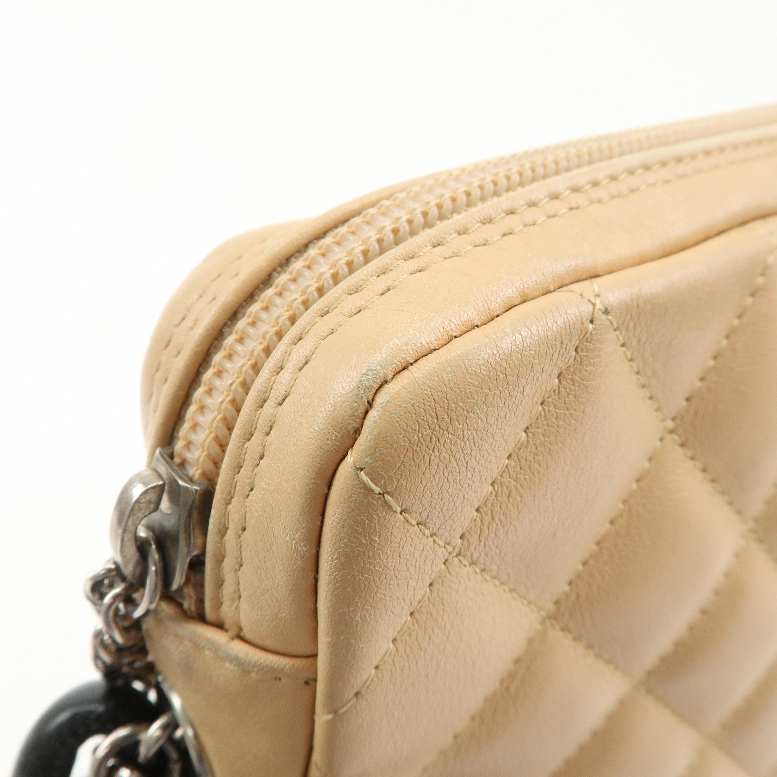 CHANEL Cambon Line Lambskin Shoulder Bag Beige Black A25178 Used