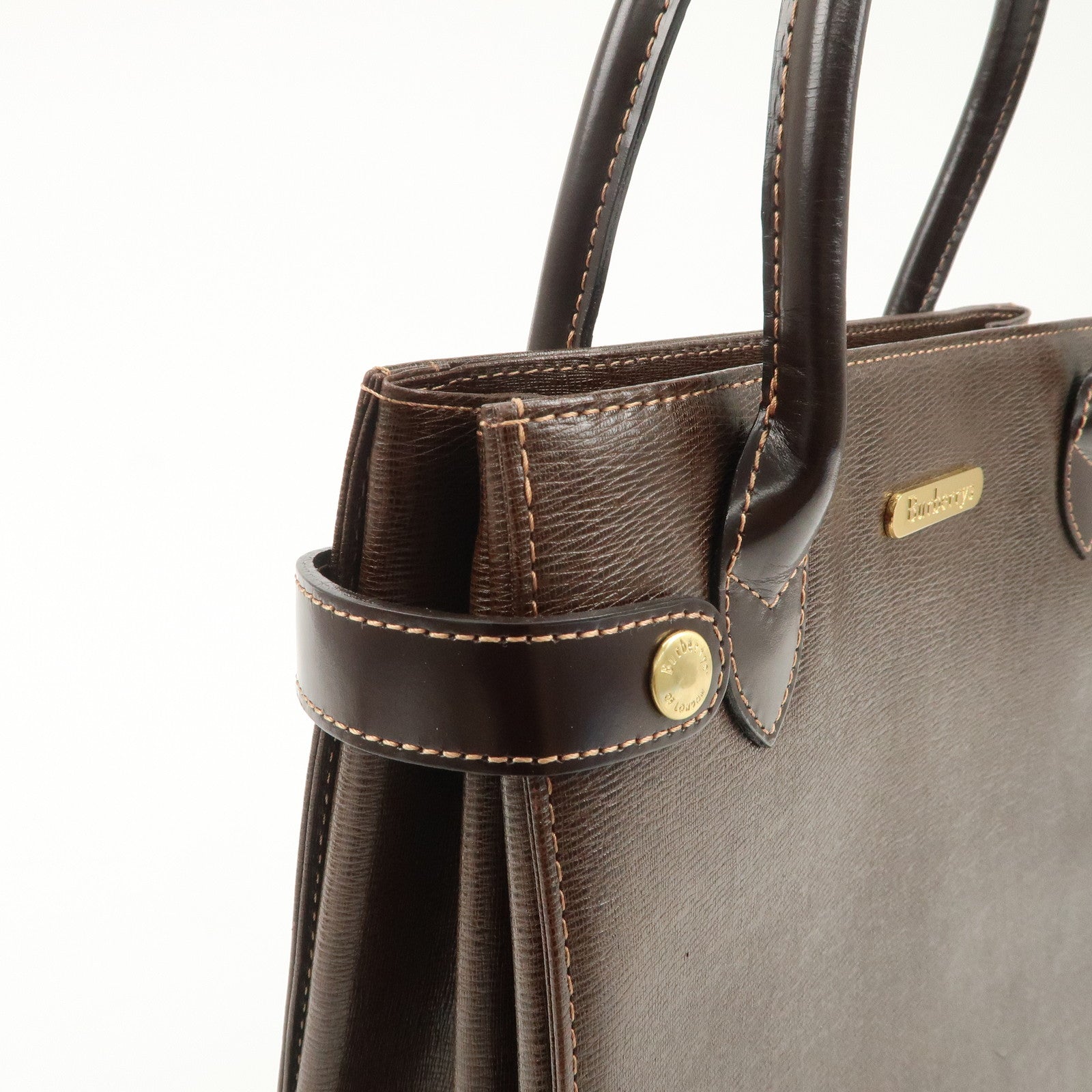 BURBERRY Leather Tote Bag Hand Bag Brown Gold Hardware