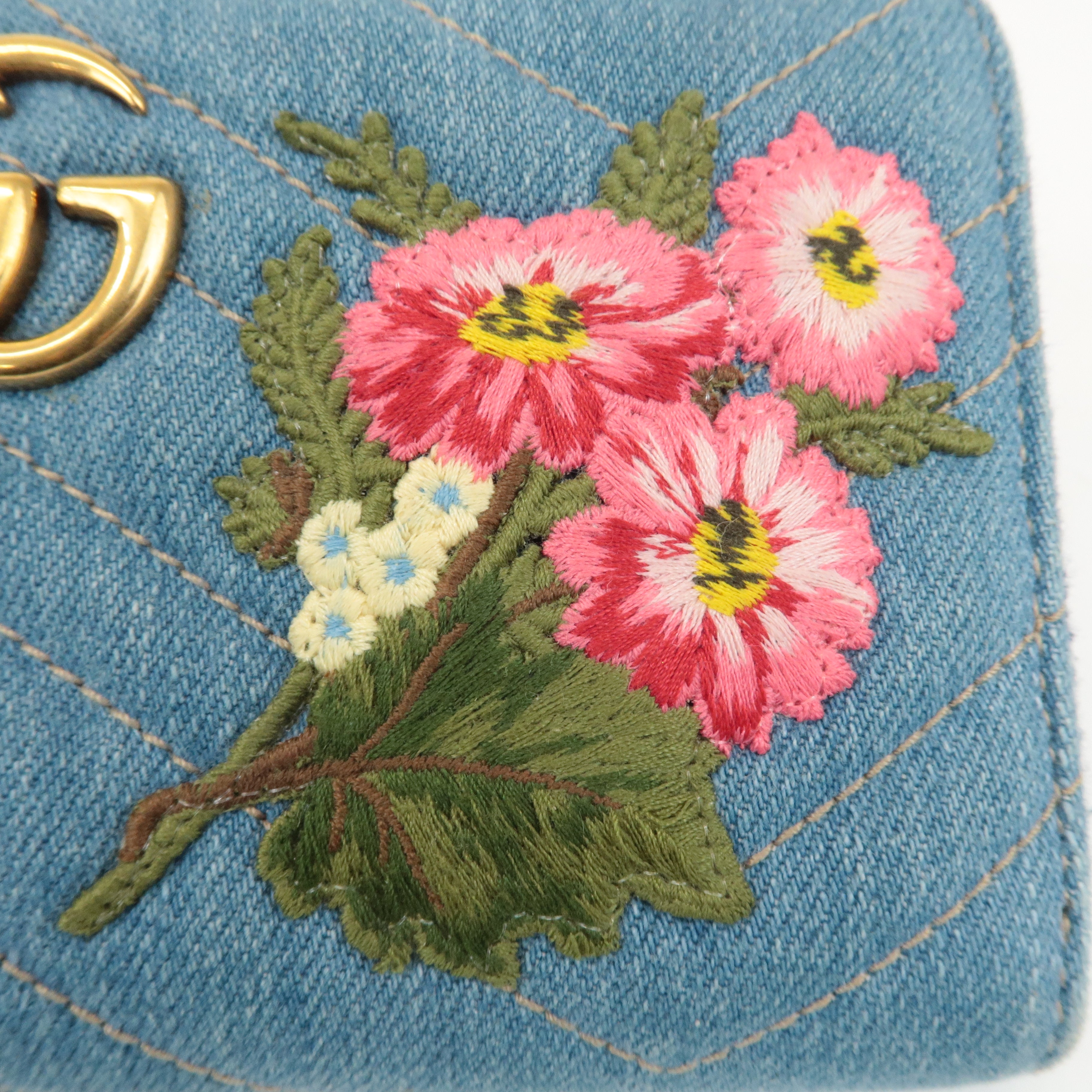 GUCCI GG Marmont Denim Zip Around Wallet Floral Pattern 443123