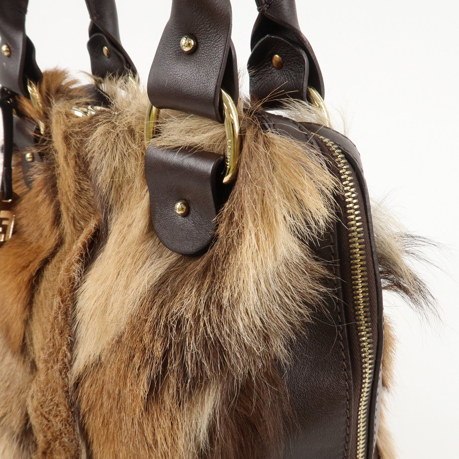 FENDI Fur Leather Tote Bag Hand Bag Shoulder Bag Brown 8BR286 Used