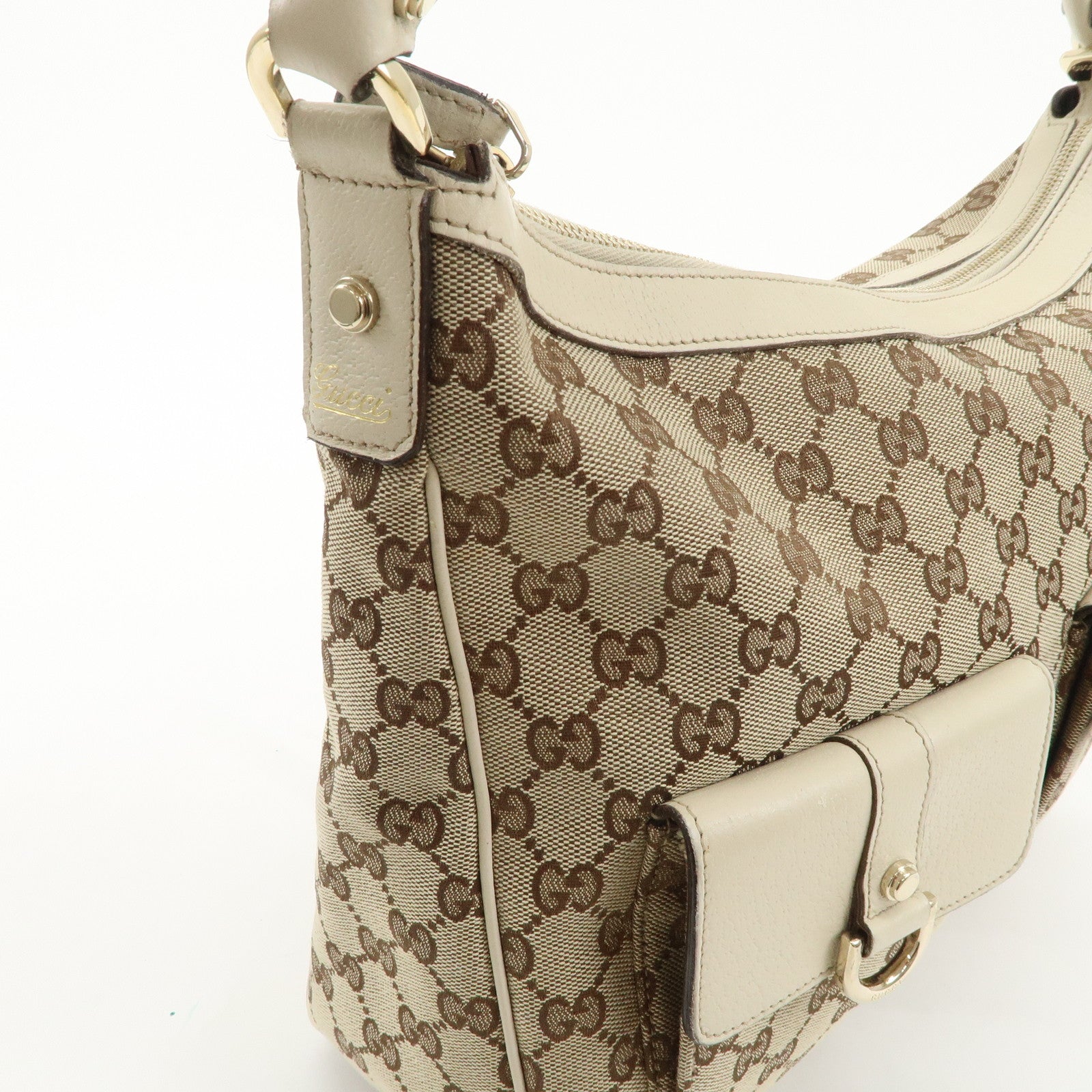 GUCCI GG Canvas Leather Shoulder Bag Beige Ivory 153025