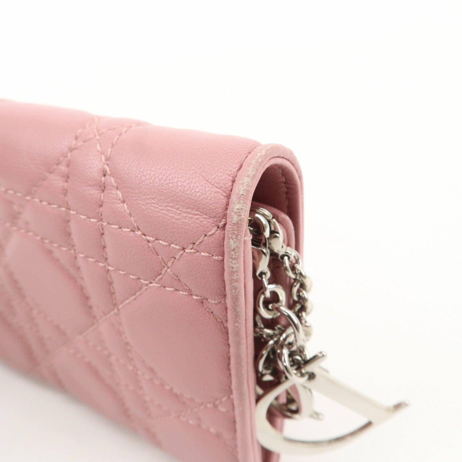 Christian Dior Cannage Dior Leather Chain Wallet Pink