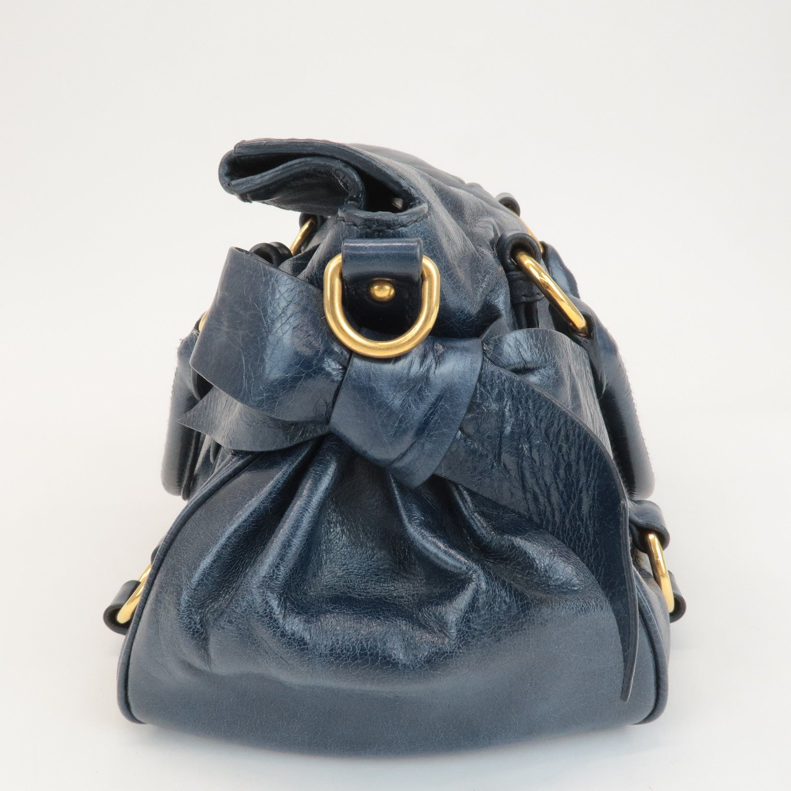 MIU MIU Ribbon Leather 2Way Shouder Bag Hand Bag Navy