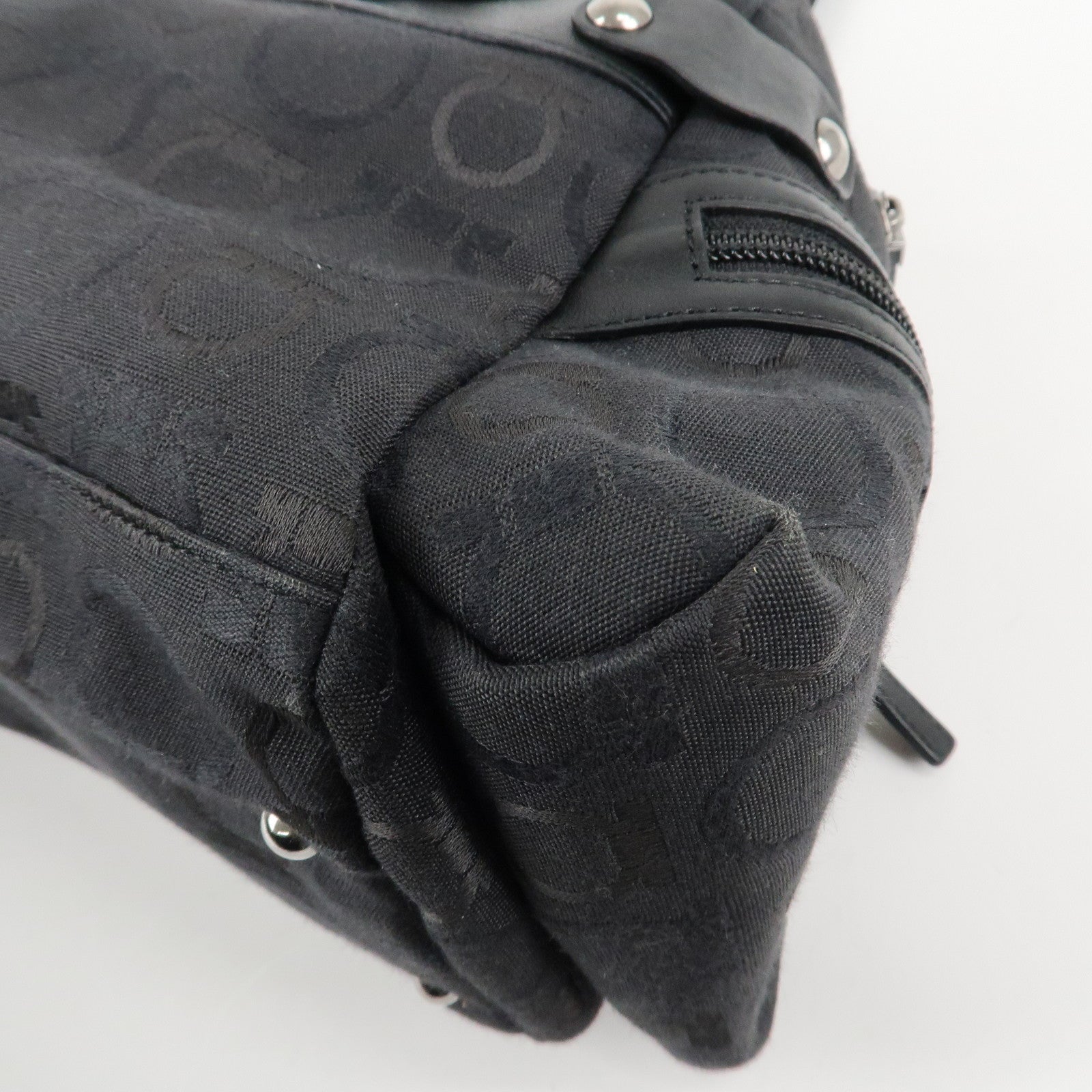 Ferragamo Gancini Pattern Canvas Leather Boston Bag Black Used