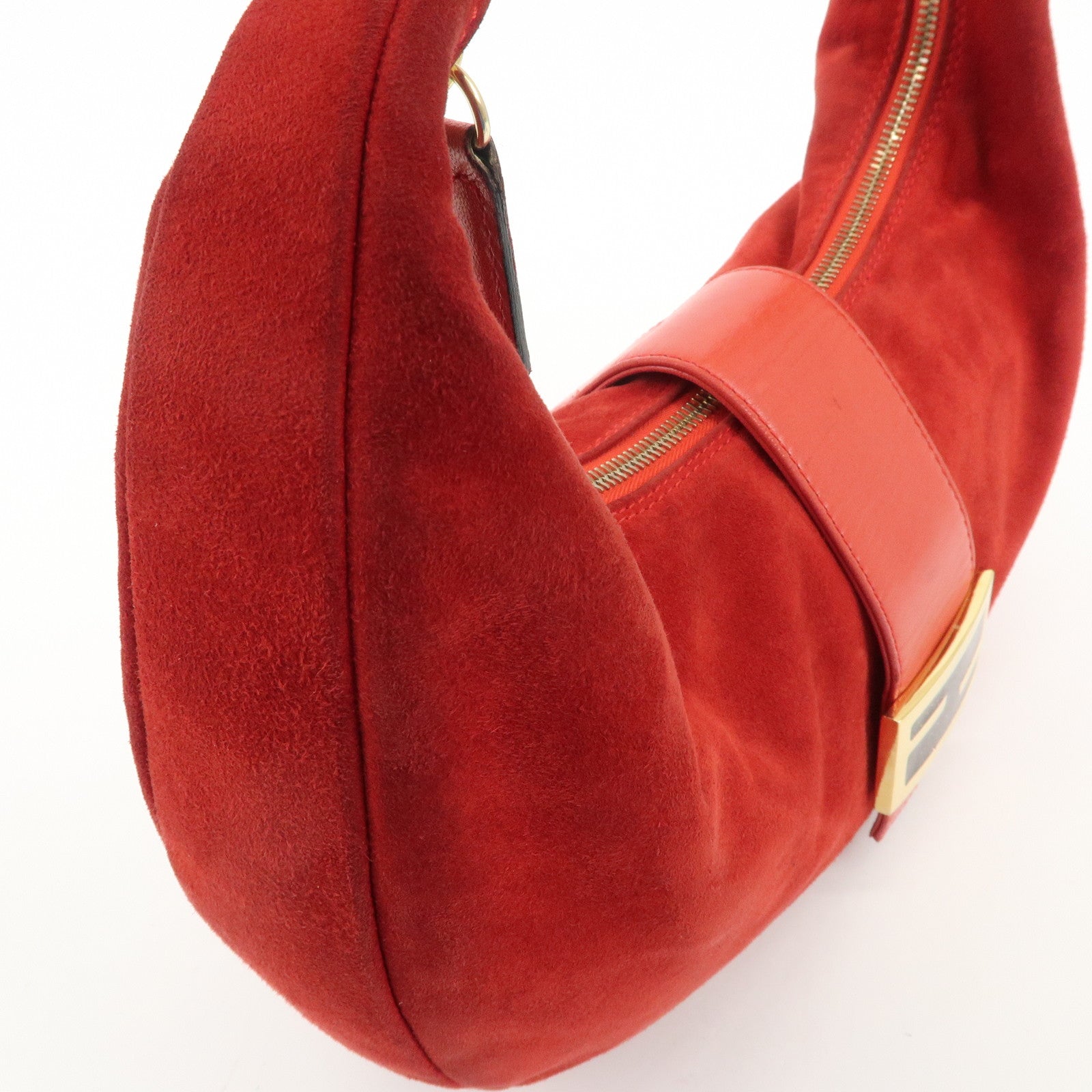 FENDI Suede Leather Shoulder Bag Red Gold Hardware Used