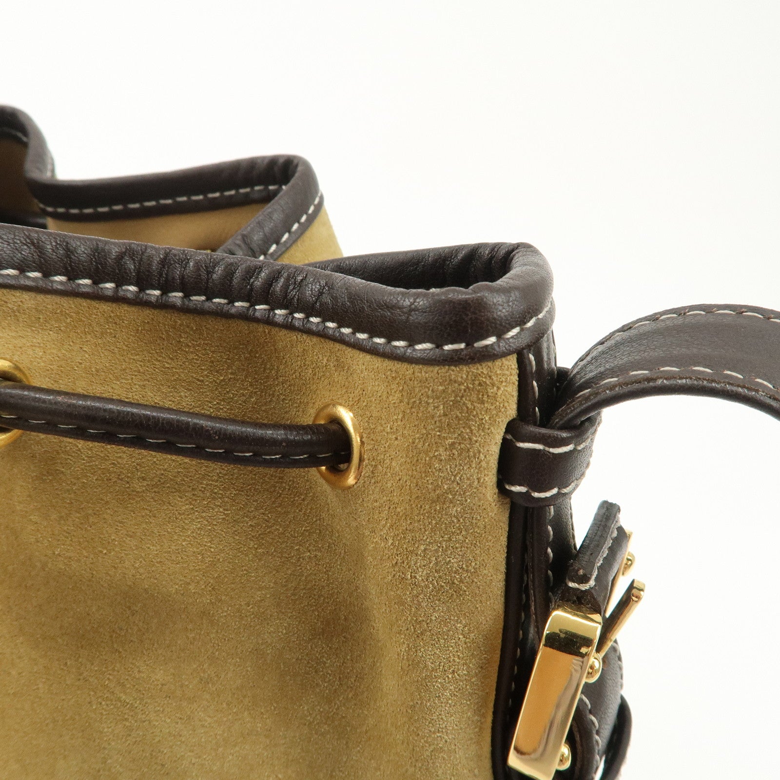 LOEWE Anagram Suede Leather Drawstring Shoulder Bag Beige Brown Used