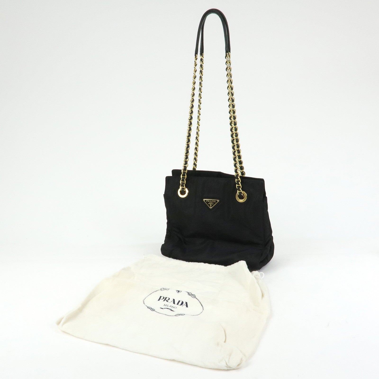 PRADA Triangle Logo Nylon Leather Chain Shoulder Bag Black B4394