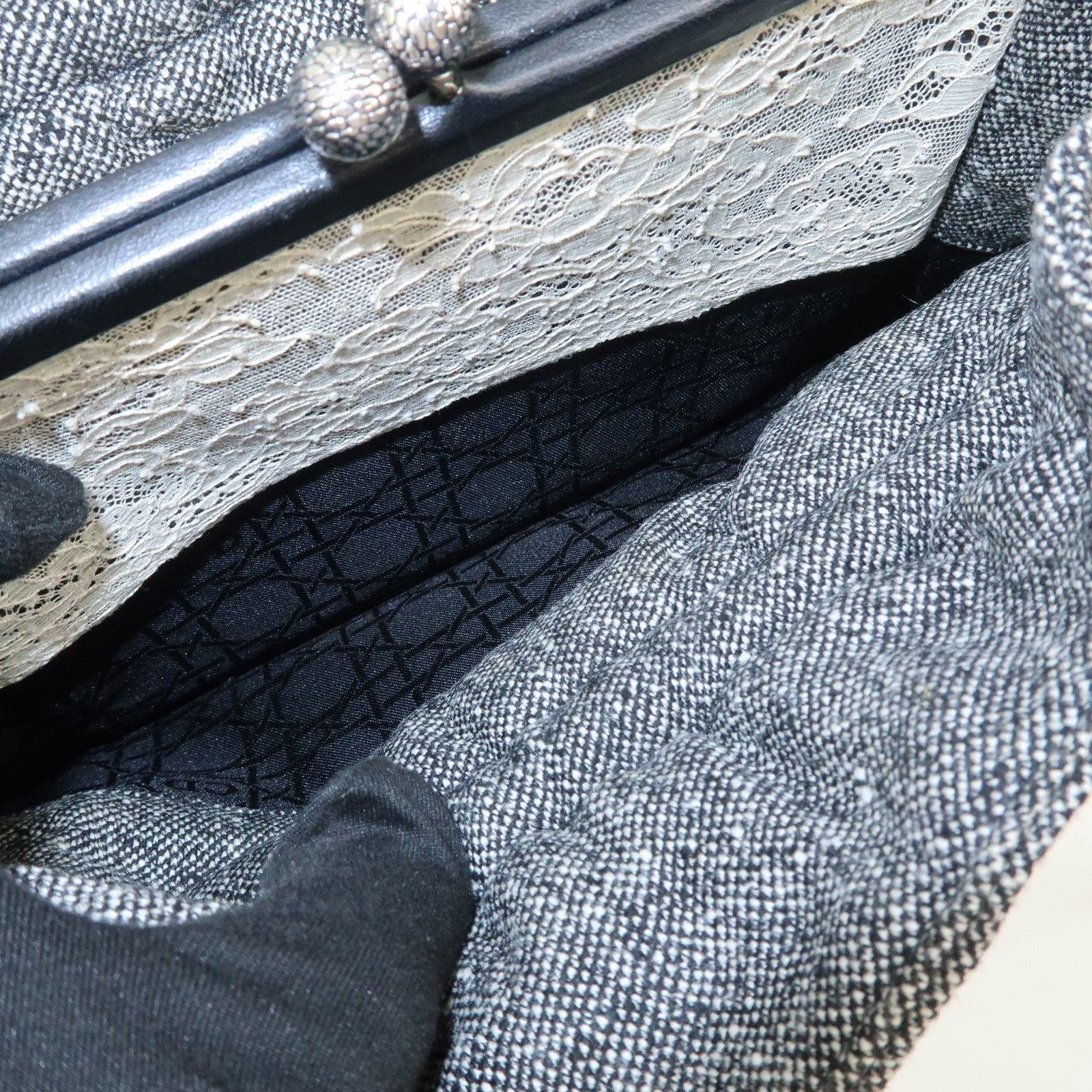 Christian Dior Logo Tweed Leather Shoulder Bag Hand Bag Black