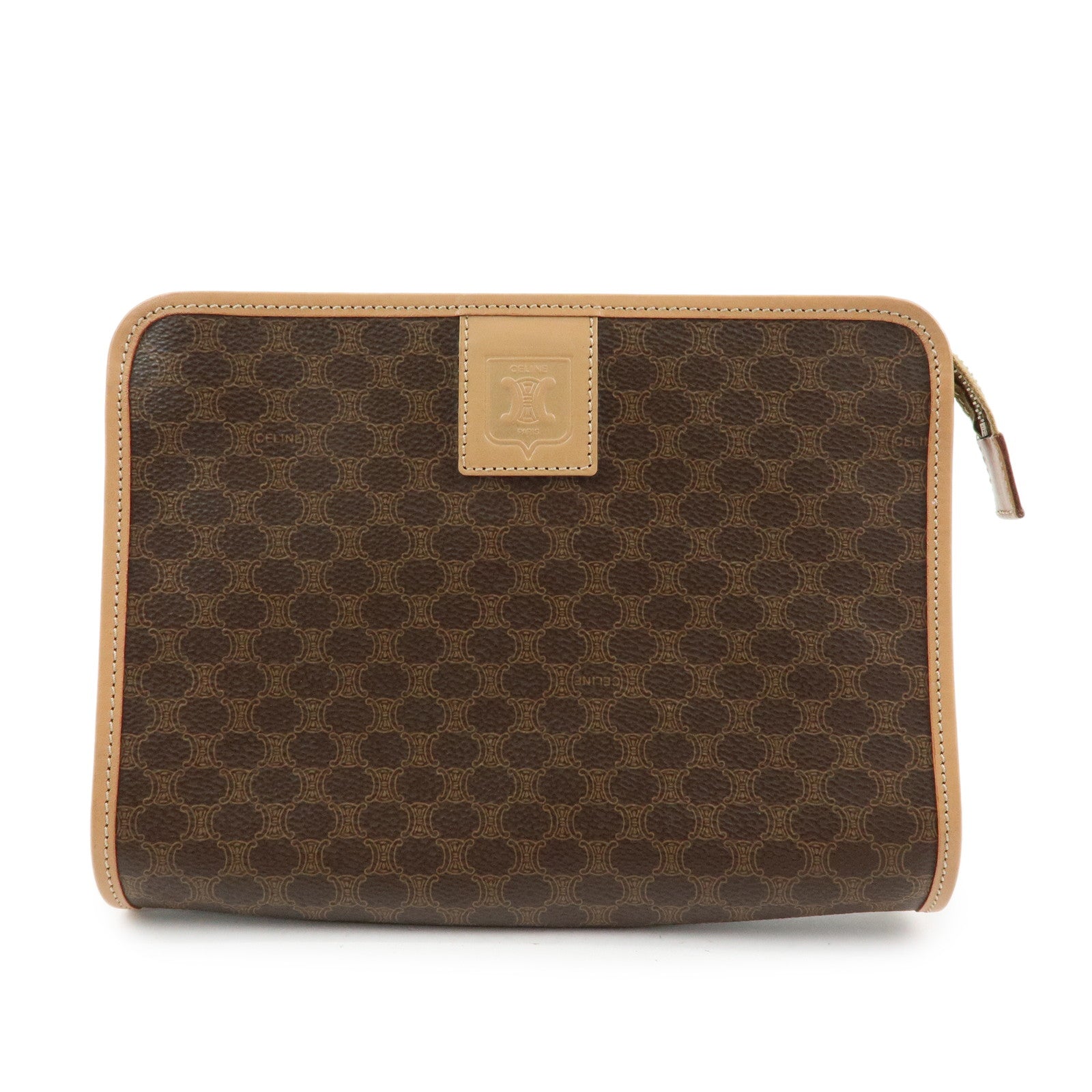 CELINE Macadam PVC Leather Clutch Bag Cosmetic Pouch Brown