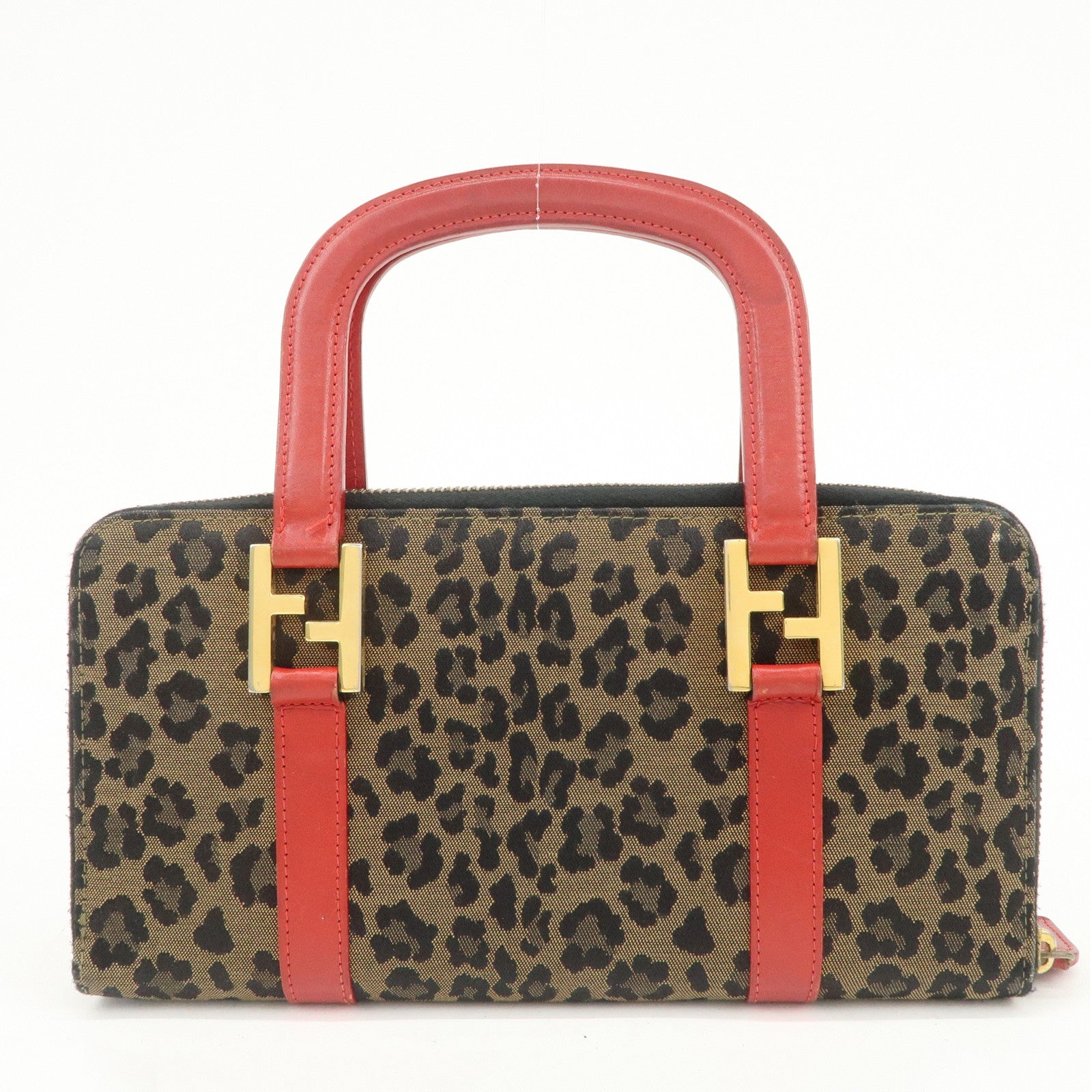 FENDI Logo Canvas Leather Hand Bag Leopard Red 26347