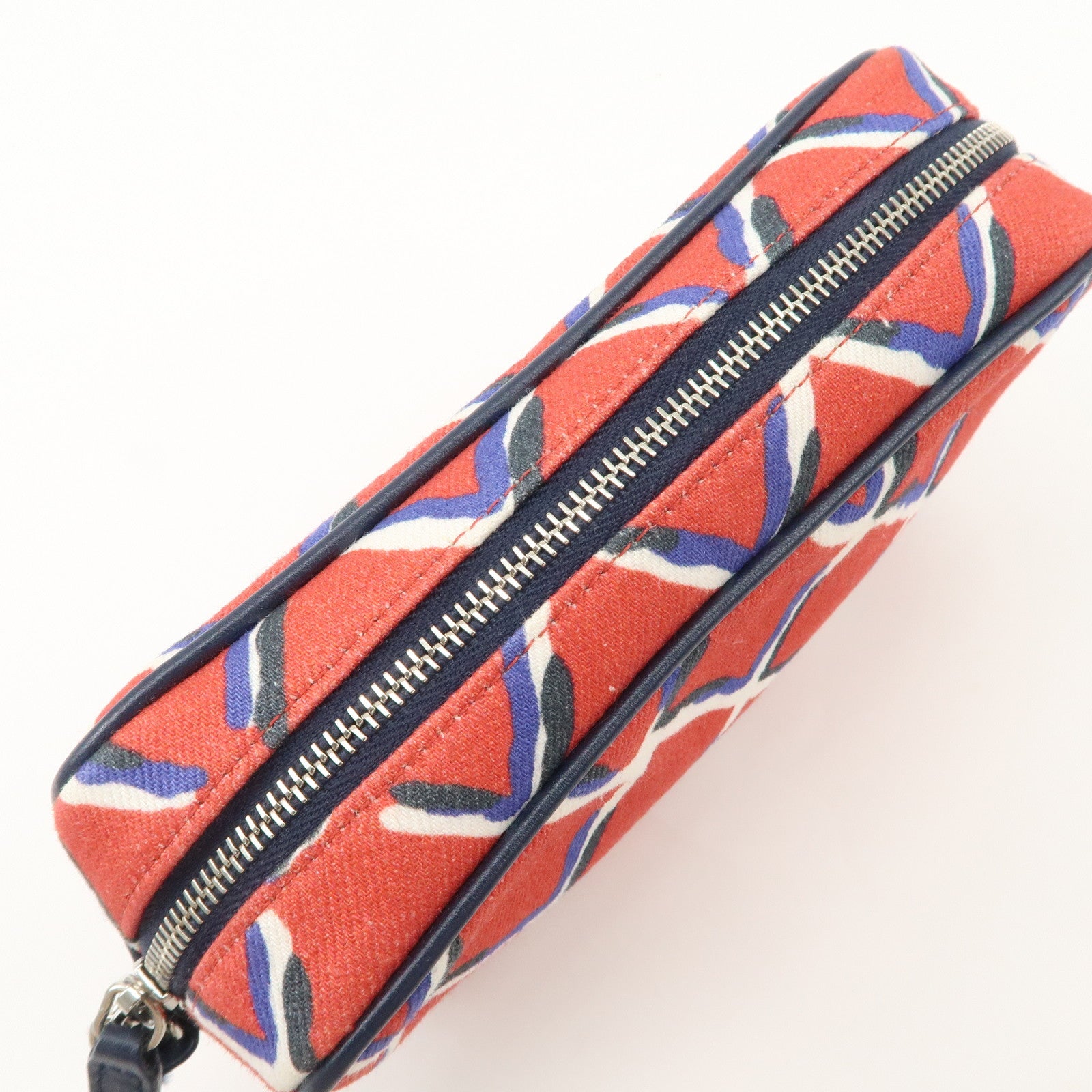 CHANEL COCO Mark COCO Beach Canvas Pouch Red Navy Silver HDW Used