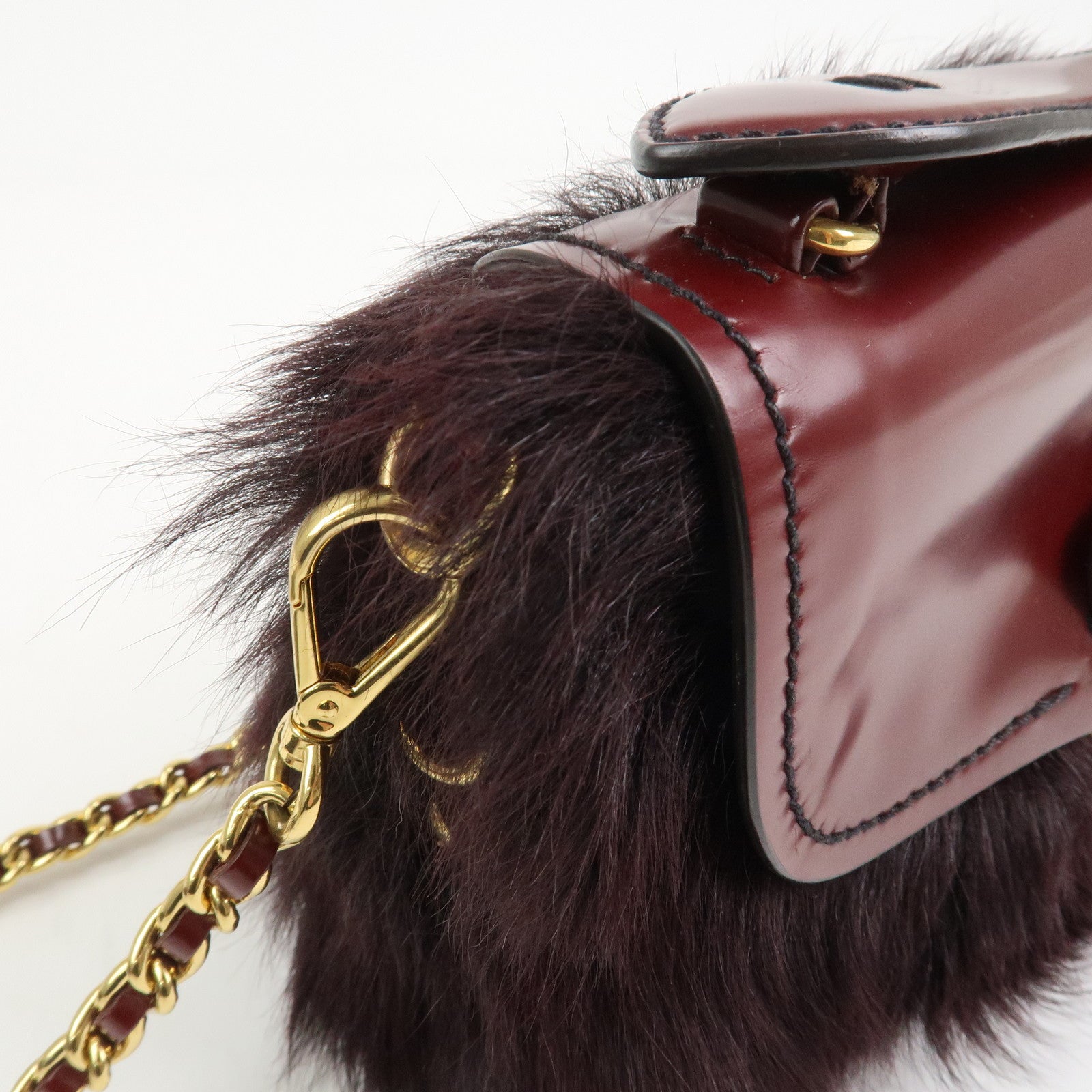 PRADA Leather Fur Chain Shoulder Bag Crossbody Bag Brown BP0368