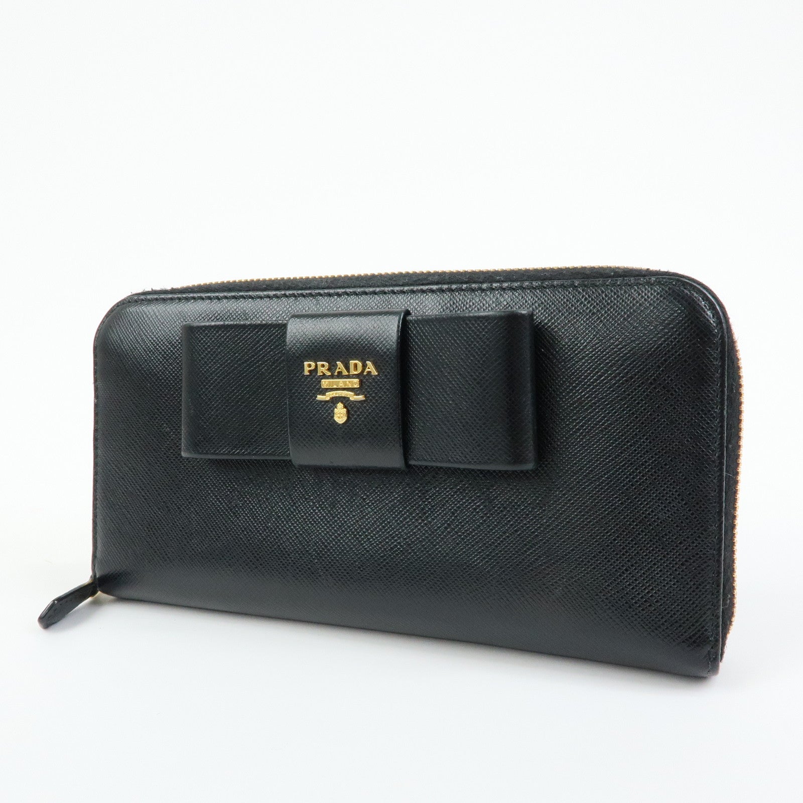 PRADA Logo Saffiano Leather Round Zippy Long Wallet Ribbon 1ML506