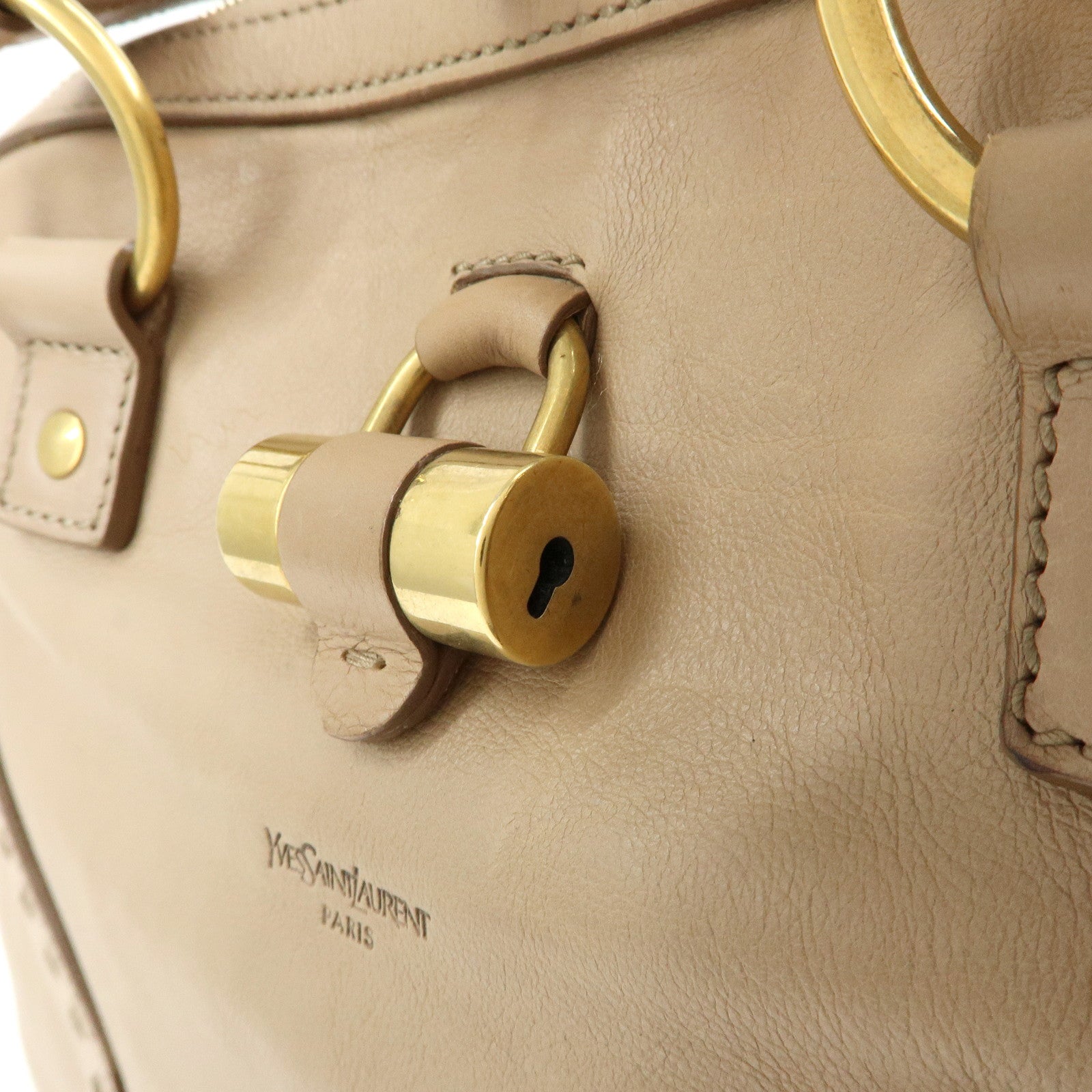 SAINT LAURENT PARIS Muse Leather Hand Bag Tote Bag Beige